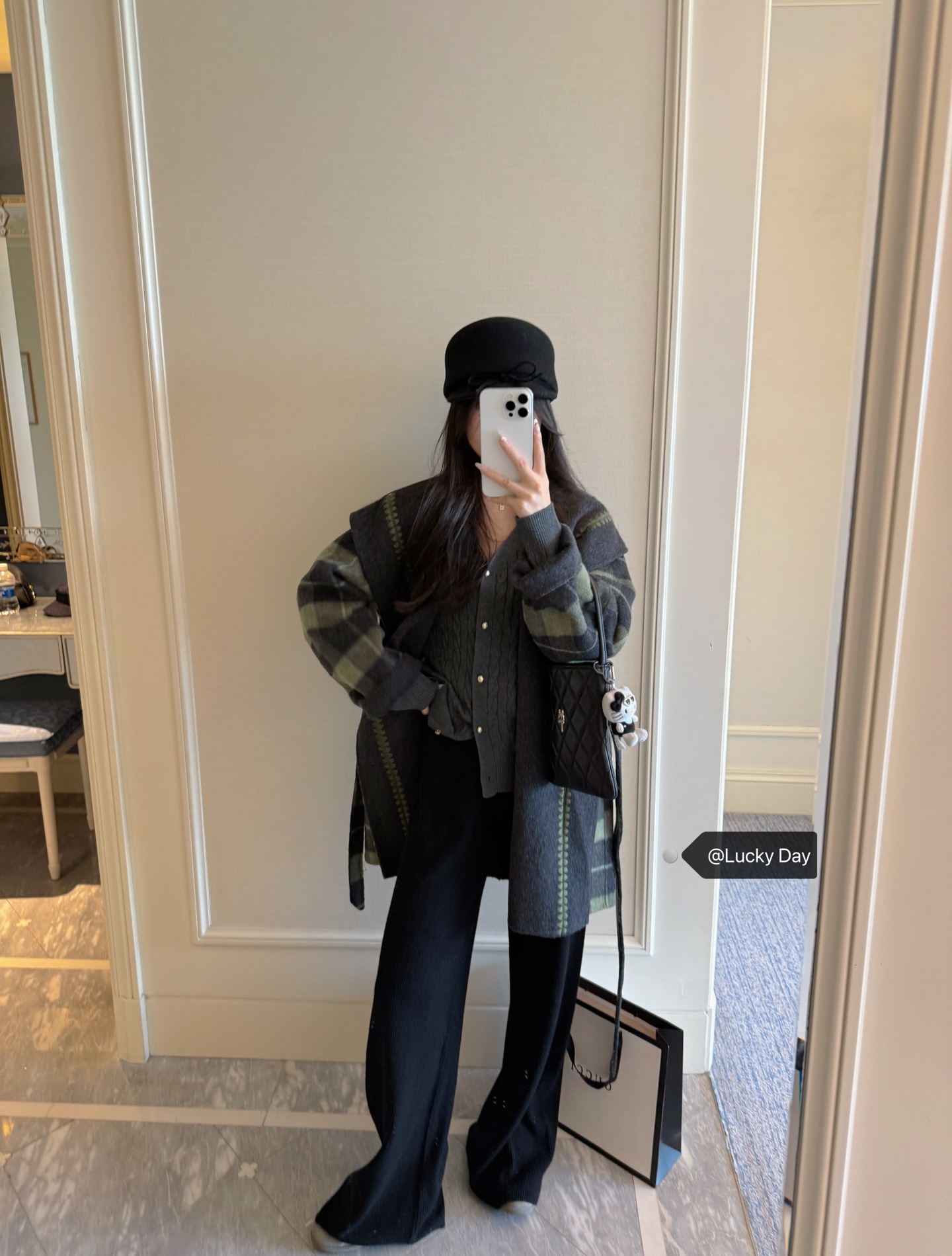 Elegant Plaid Wool-Cashmere Blend Cardigan with Embroidered Detail