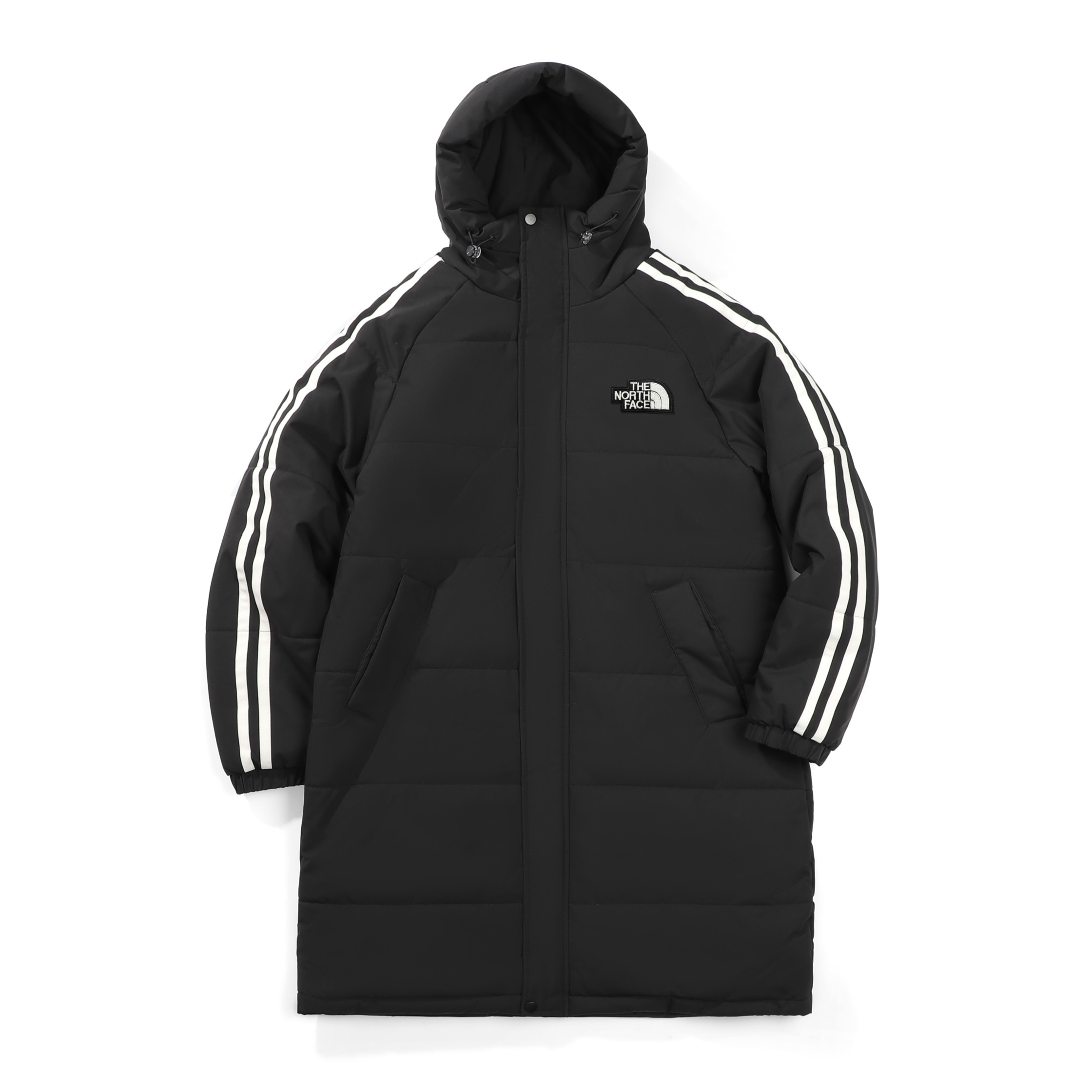 The North Face Long Puffer Coat with Striped Sleeves