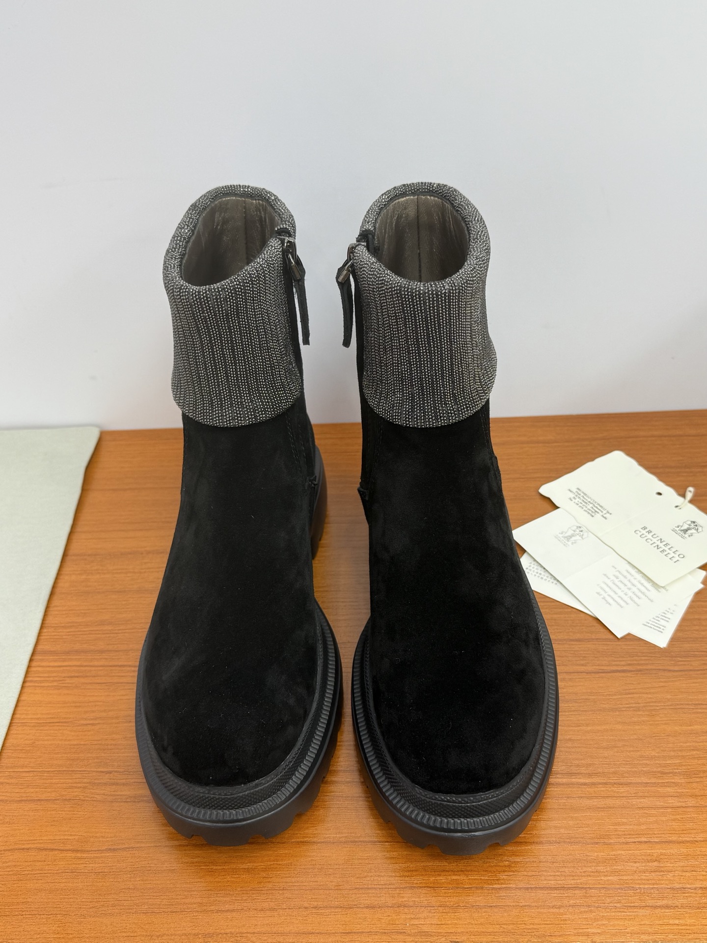 Brunello Cucinelli Ankle Boots Combat Boots Old Money Style Fall Winter Ankle Boots Beaded Chain Side Zipper Pearlescent Sheepskin Lining Ultra-Light TPU Sole