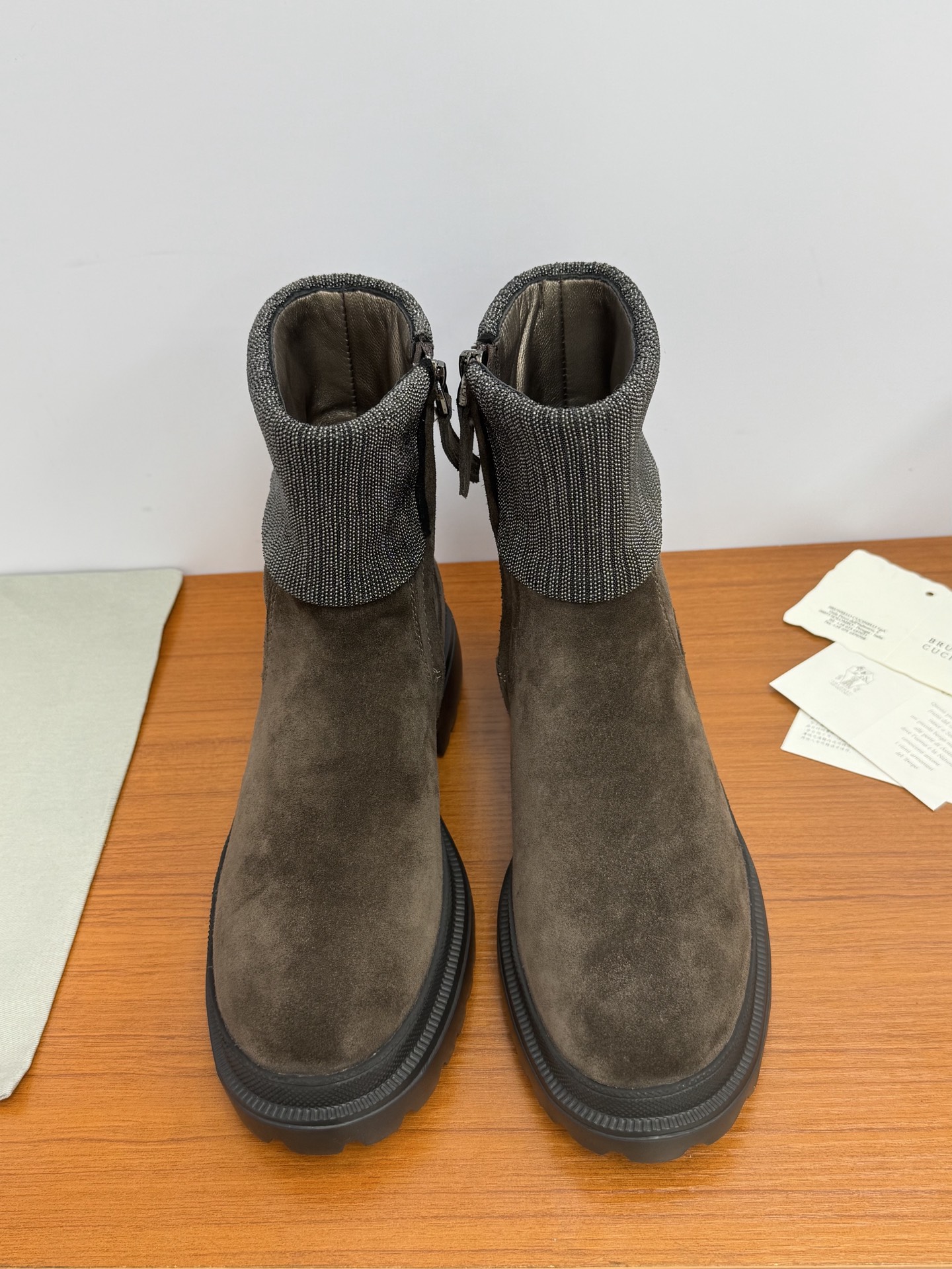 Brunello Cucinelli Ankle Boots Martin Boots Old Money Style Fall Winter Ankle Boots Beaded Chain Side Zipper Pearlized Sheepskin Lining Ultra-Light TPU Sole