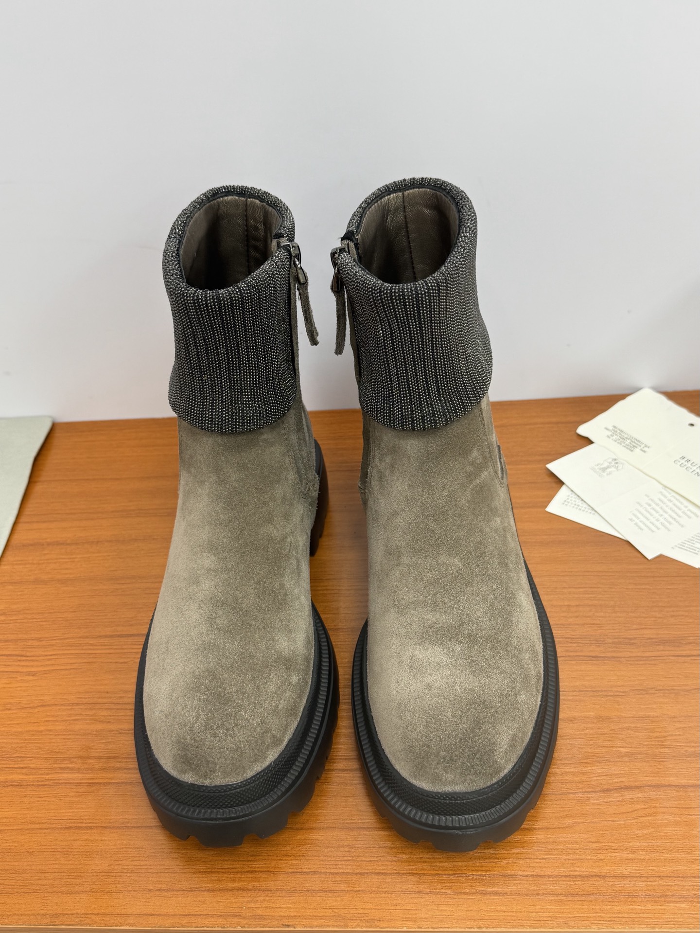 Brunello Cucinelli Ankle Boots Martin Boots Old Money Style Fall Winter Ankle Boots Beaded Chain Side Zipper Pearlescent Sheepskin Lining Ultra-Light TPU Sole