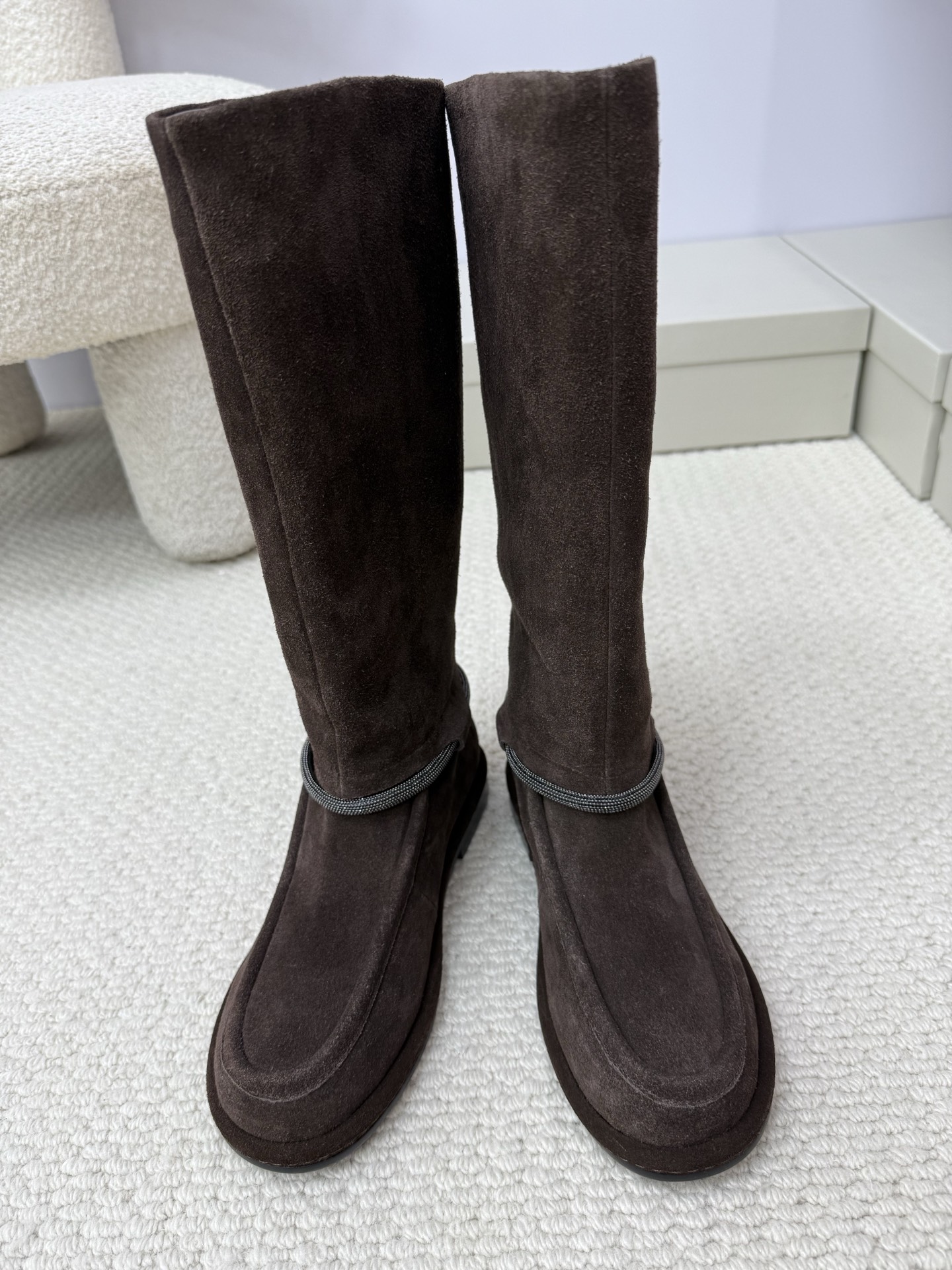 Brunello Cucinelli Suede Chain Long Boots High Gloss Hardware Chain Sheepskin Lining No Logo Understated Luxury