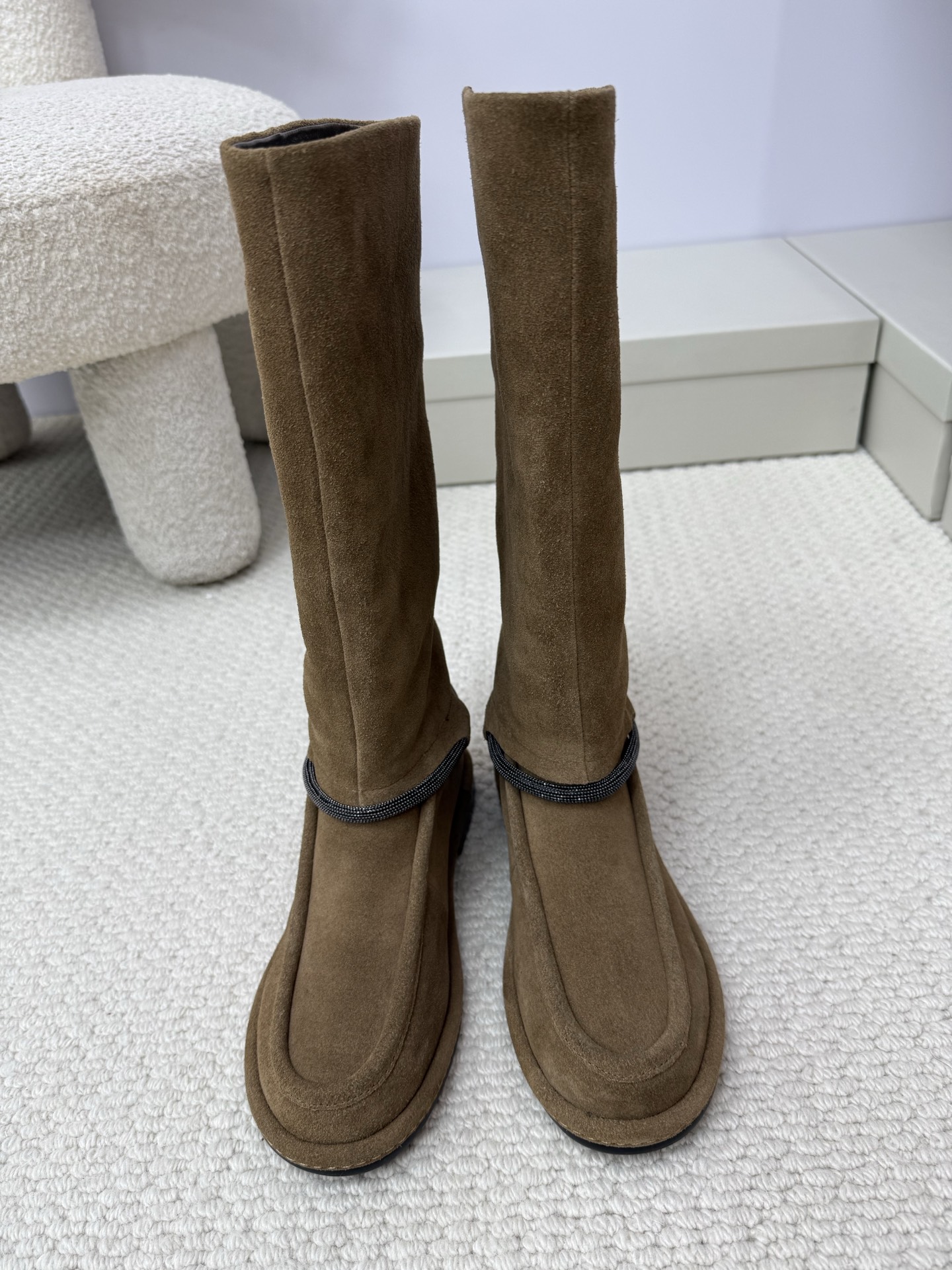 Brunello Cucinelli Suede Chain Long Boots High Sheen Hardware Chain Lambskin Lining No Logo Understated Luxury