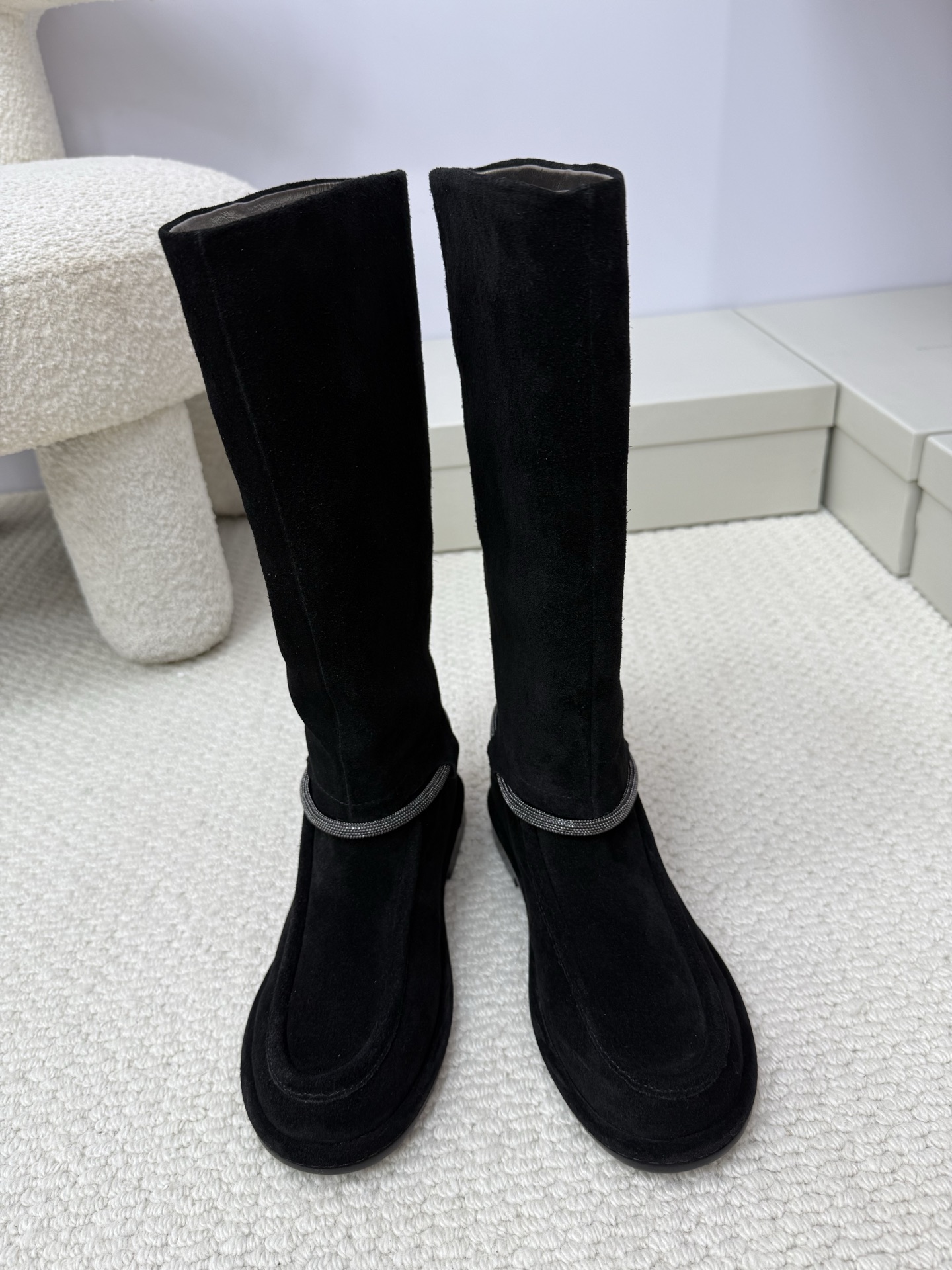 Brunello Cucinelli Suede Chain Long Boots High Sheen Hardware Chain Lambskin Lining No Logo Understated Luxury