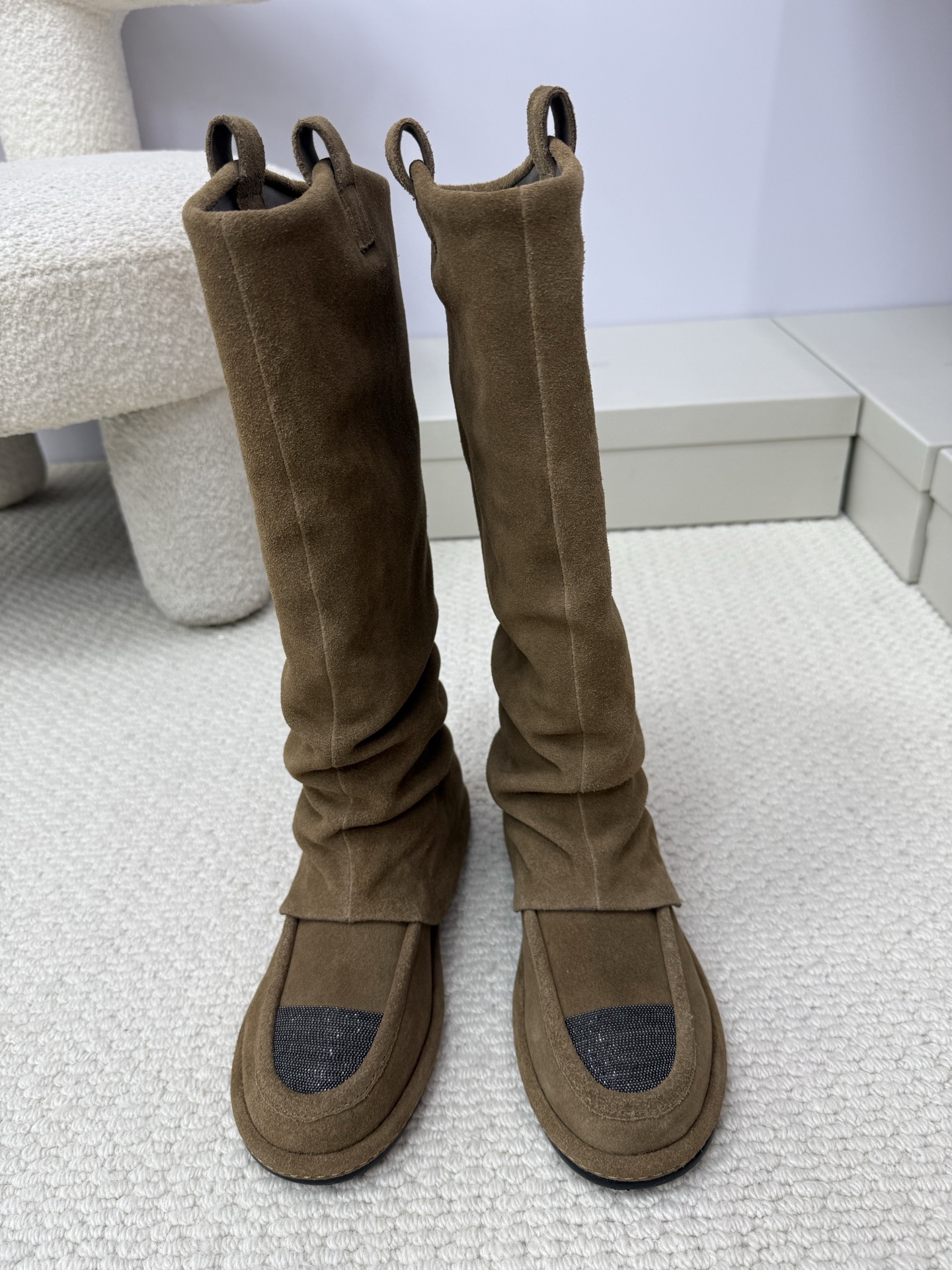 Brunello Cucinelli Suede Chain Long Boots High Sheen Hardware Chain Lambskin Lining No Logo Understated Luxury