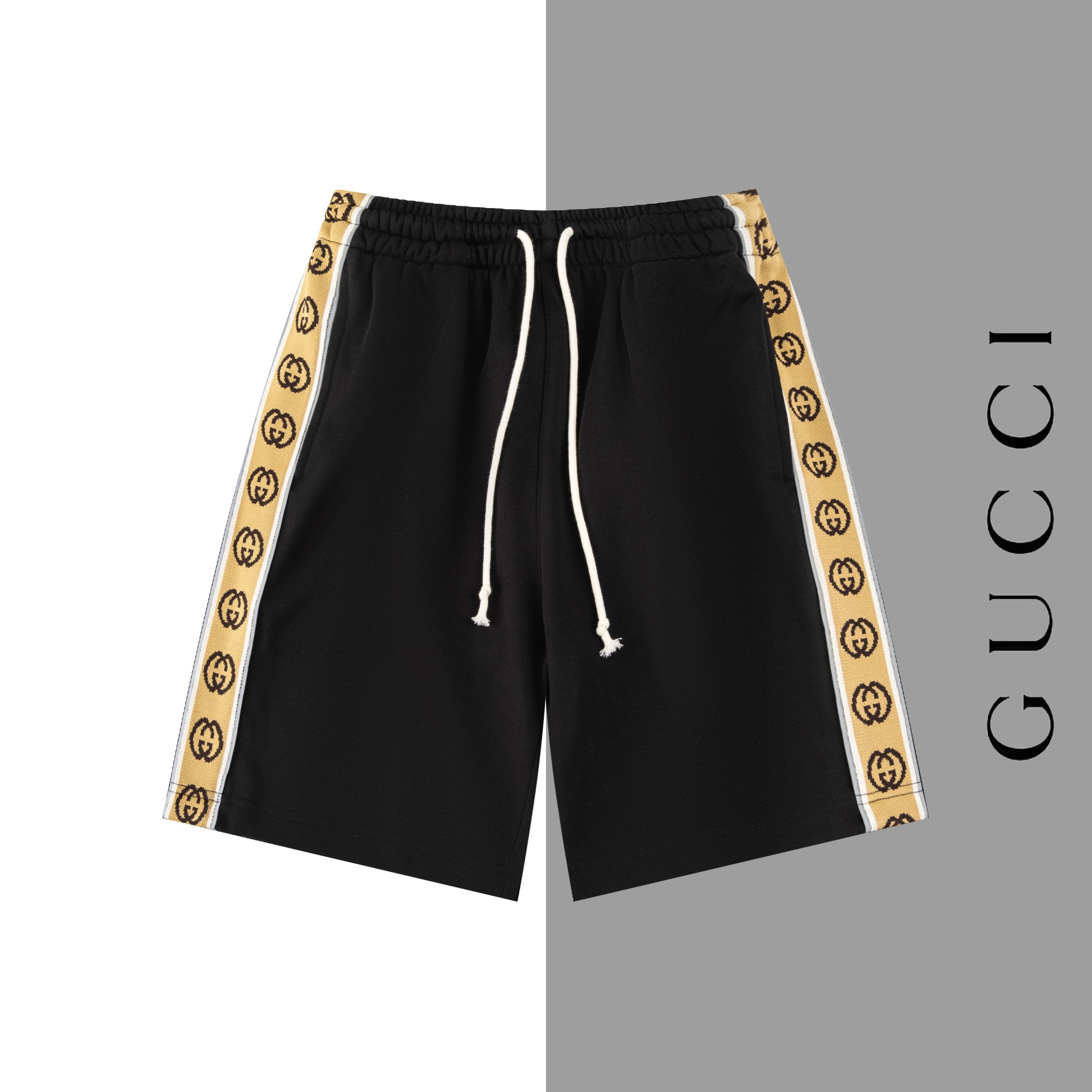 Model #F72 Gucci classic reflective stripe webbing shorts, consistent with GUCCI official website style. Fabric: 400g f…