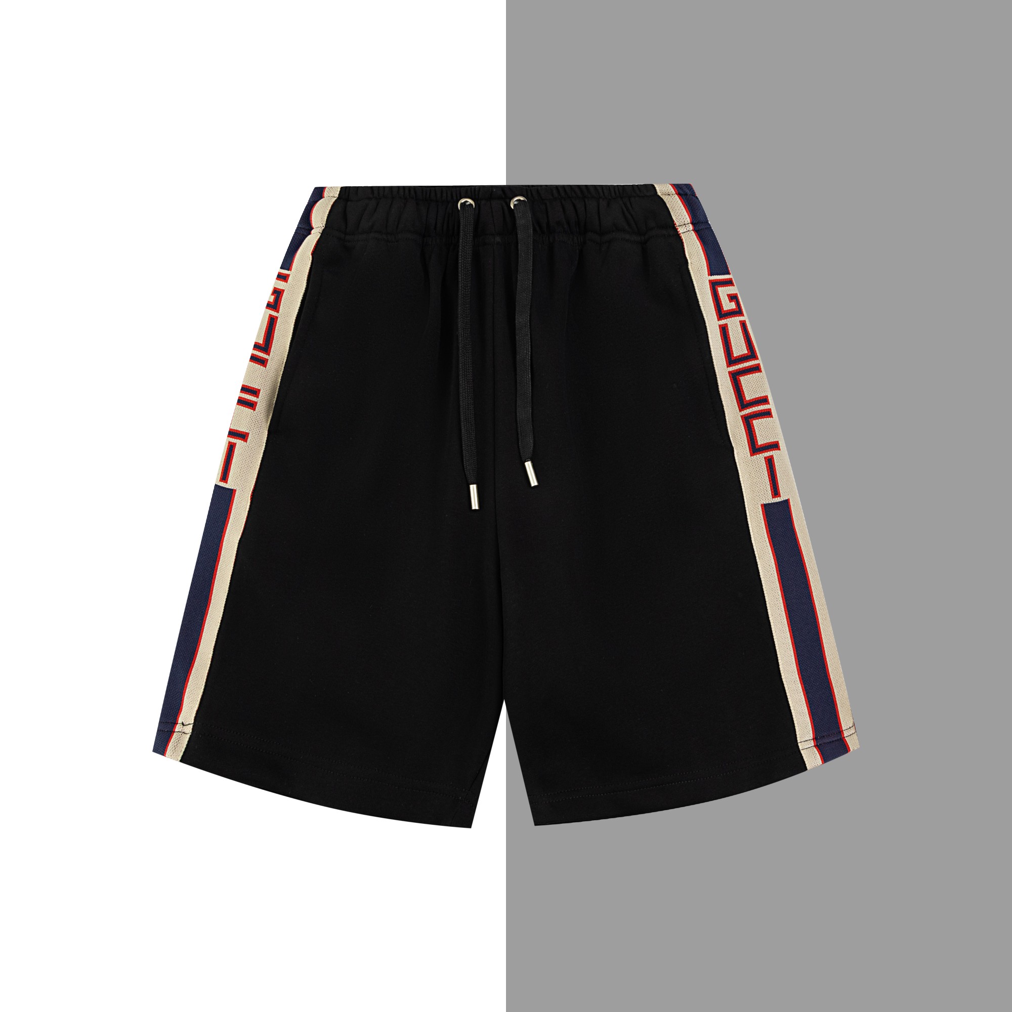 Model #F73 Gucci letter webbing classic drawstring shorts, consistent with GUCCI official website style. Fabric: 400g f…