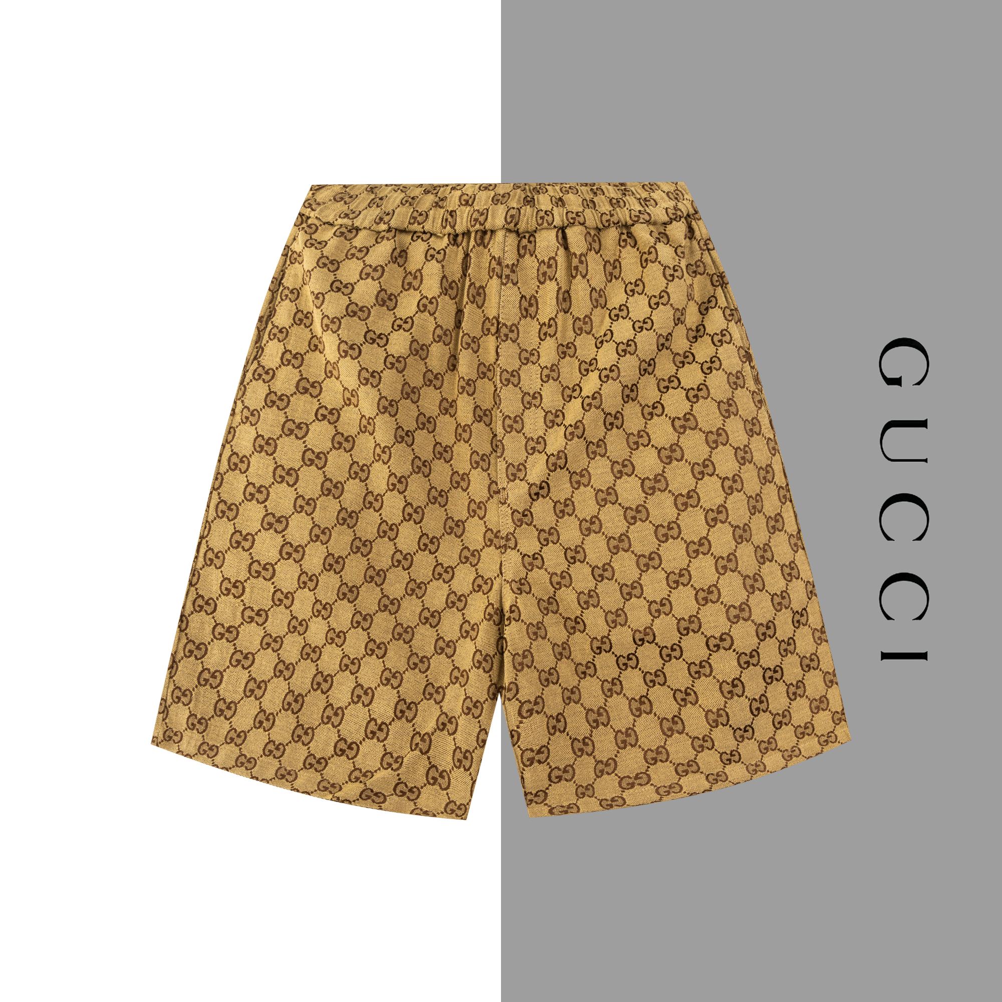 Model #F88 Gucci dark pattern full print jacquard denim shorts, consistent with GUCCI official website style. Fabric: p…