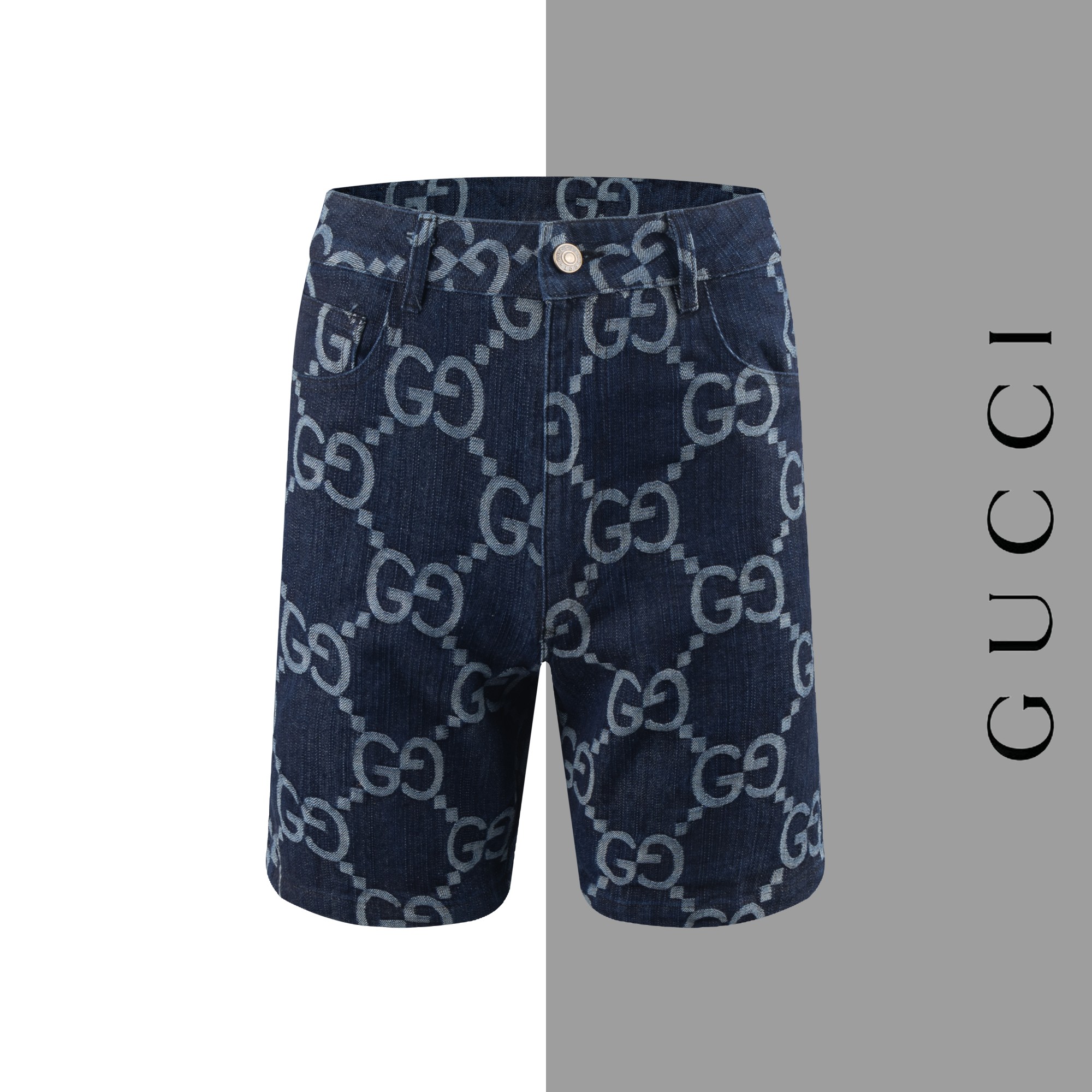 Model #F109 Gucci twisted full print jacquard denim shorts, consistent with Gucci official website style. Fabric: pure …