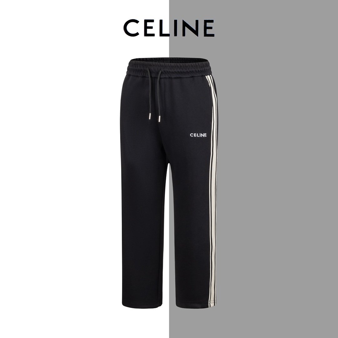 Modelo/G145 Pantalones de chándal CELINE con letras pequeñas bordadas y cinta tejida beige, mismo estilo que la web ofi…