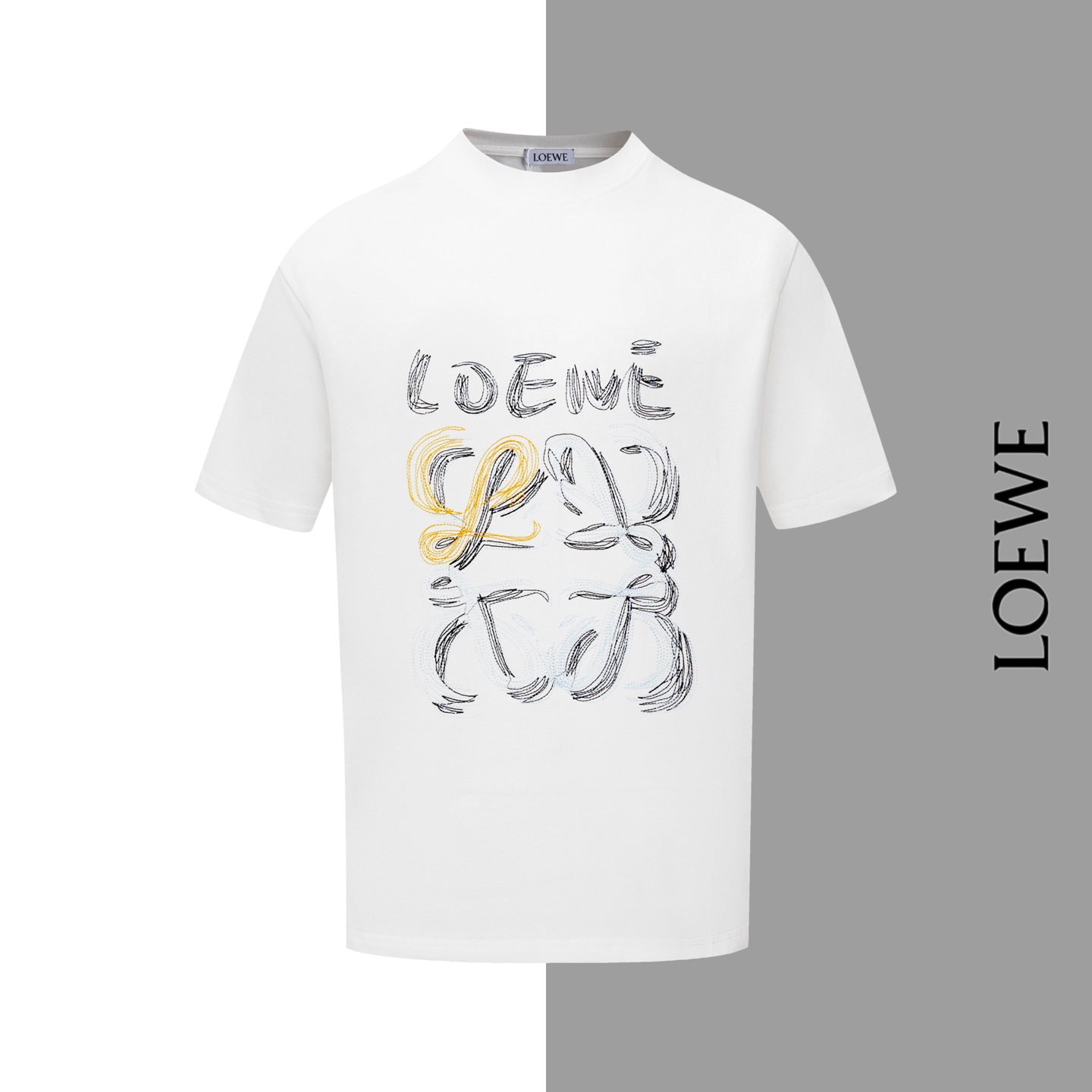 🅿️85 Modelo #Z40 Camiseta de cuello redondo con bordado de letras grandes de Loewe, mismo estilo que en la web oficial…
