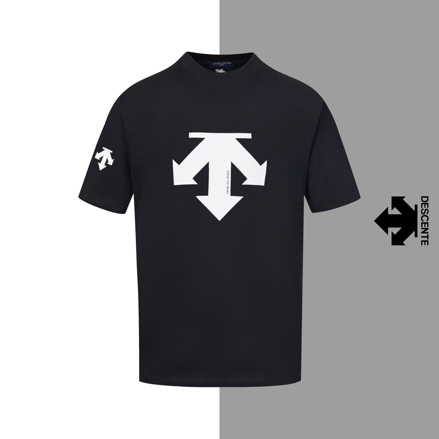 Modelo #Z50, camiseta de manga corta con cuello redondo y estampado grande de Descente, mismo estilo que en la web ofic…