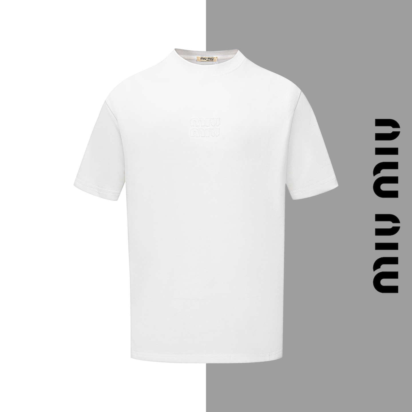Número de modelo #Z65 camiseta de cuello redondo con letras de aplicación quemada de miumiu, mismo estilo que el sitio …