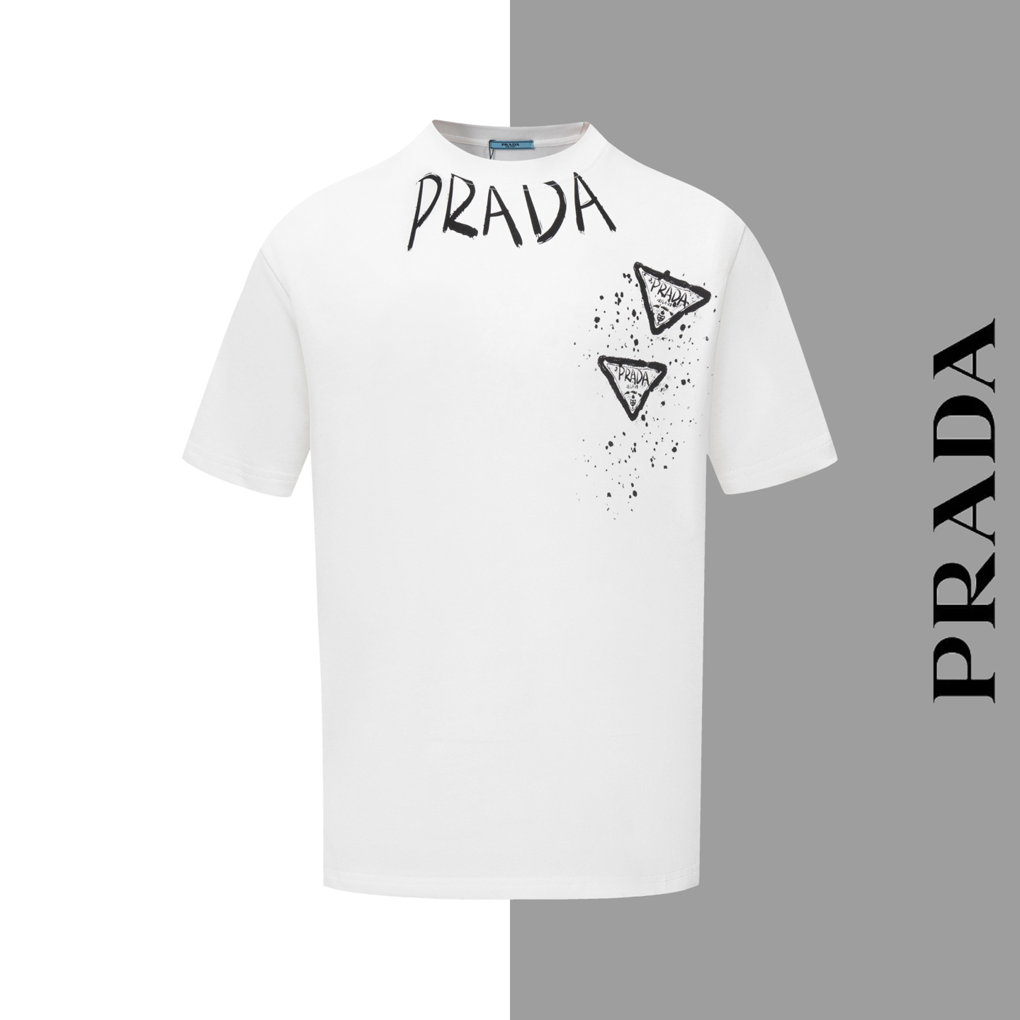 Estilo No. #Z77 Manga corta con cuello redondo y estampado de triángulos con múltiples etiquetas de Prada. Mismo estilo…