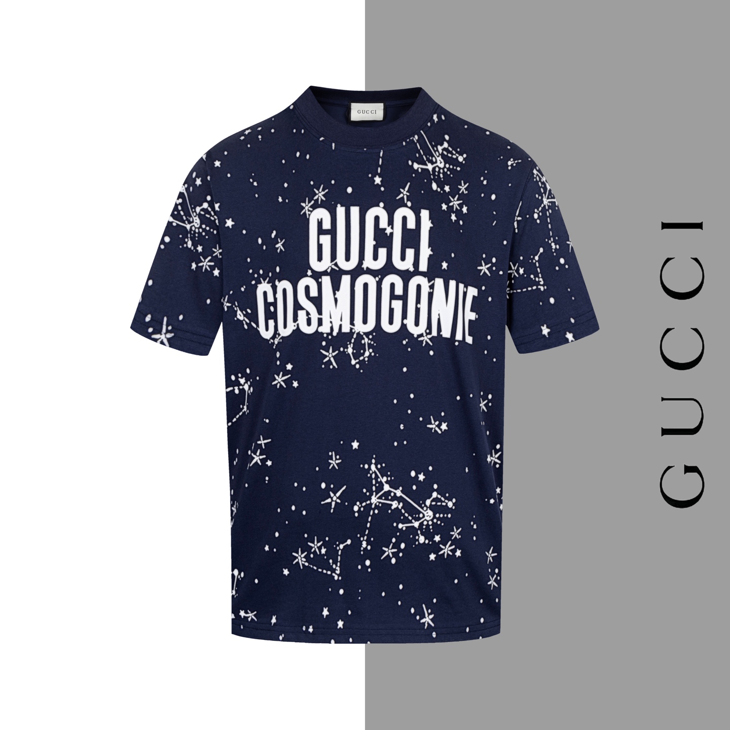 Model #Z95 Gucci snowflake letter full print crew neck short sleeve, consistent with GUCCI official website style. Fabr…