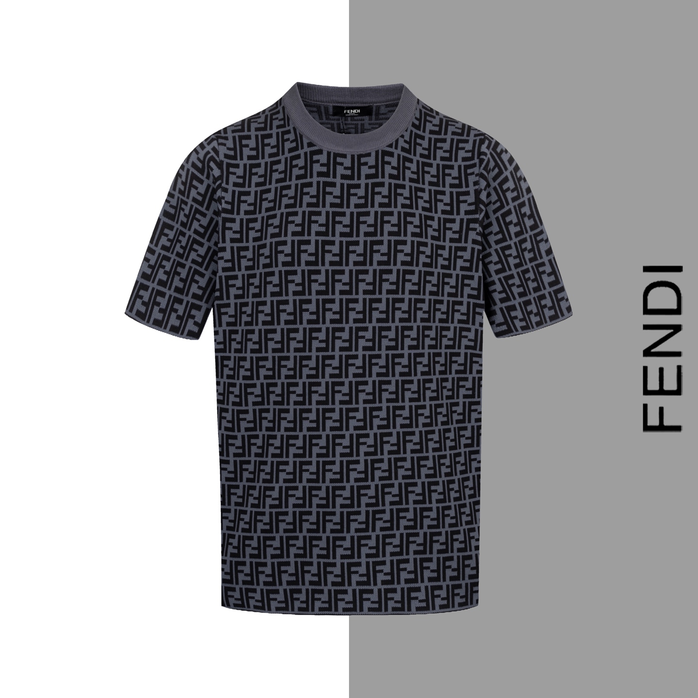 Modelo #Z99 Camiseta de manga corta de punto FENDI con patrón oscuro y estampado completo, estilo idéntico al sitio web…