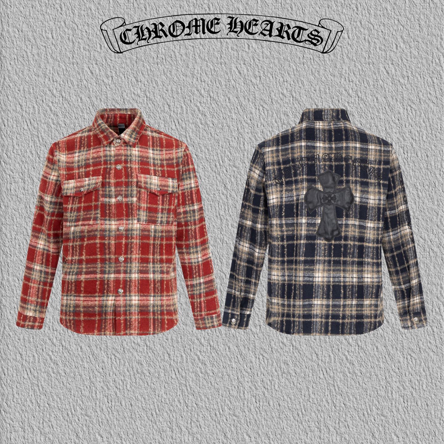 クロ心 P375 流苏格子刺繍シャツ - 高品質刺繍とレザーラベル