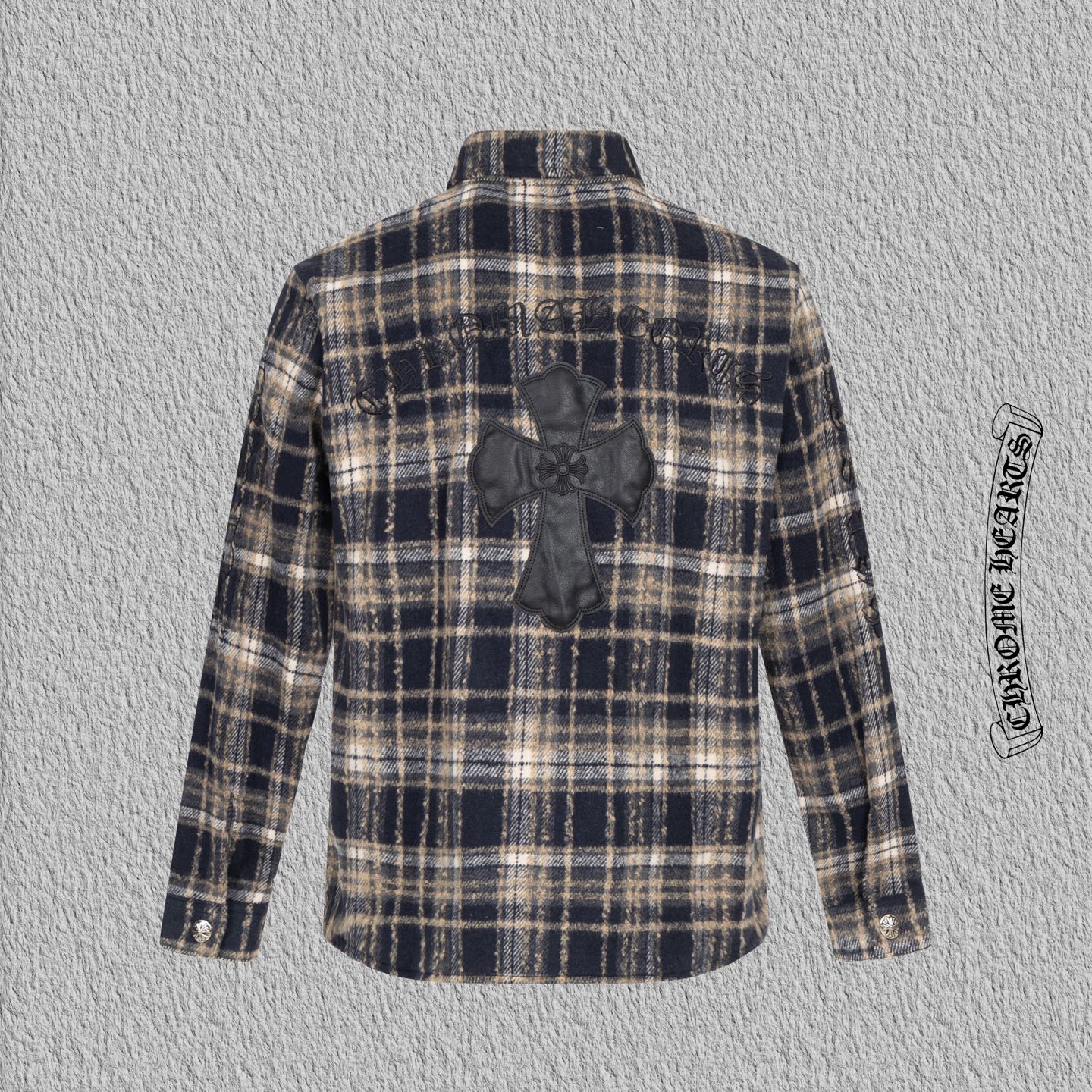 クロ心 P375 流苏格子刺繍シャツ - 高品質刺繍とレザーラベル