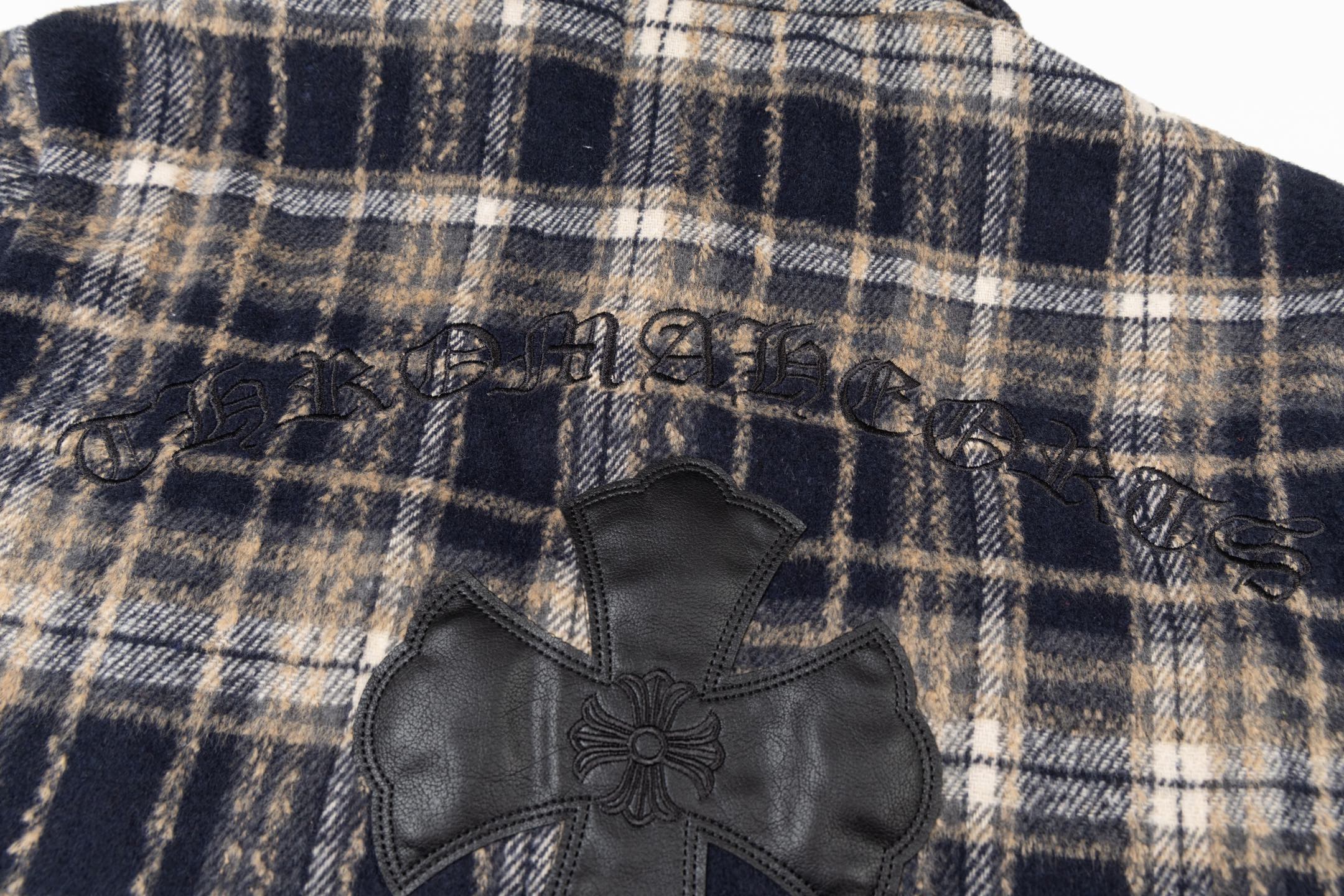 クロ心 P375 流苏格子刺繍シャツ - 高品質刺繍とレザーラベル