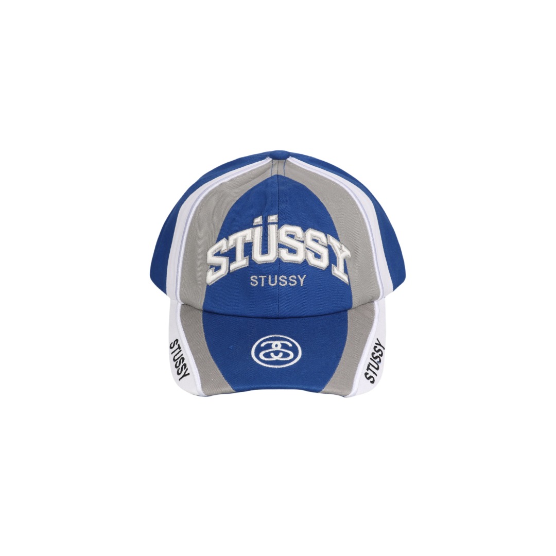 #Stussy/斯图西 23Fw 拼色赛车元素刺绣帽子 面料采用精梳A10856活性黑纱卡，刺绣采用立体绣花工艺，前面的LOGO和魔术贴上的字母均采用无锡露米娅线 ，这个线常年合作的品牌有N*k*，N*we*a，T*f，Adi***， 斐*乐等，由进口的百灵达绣花机打造而成，帽舌绗绣都是绣花机制作并非普通纱线，工艺费工费时，帽舌前面那根棉绳是手工用纱卡内包进去的，辅料均为外贸渠道订购的，逼真度极高，MLB NEWRA指定代工的外贸大厂作业，基本上每顶帽子找不到一根线头，产品对版一致，产品简单又好搭配 尺码：56-61cm魔术贴可调节-选品中心