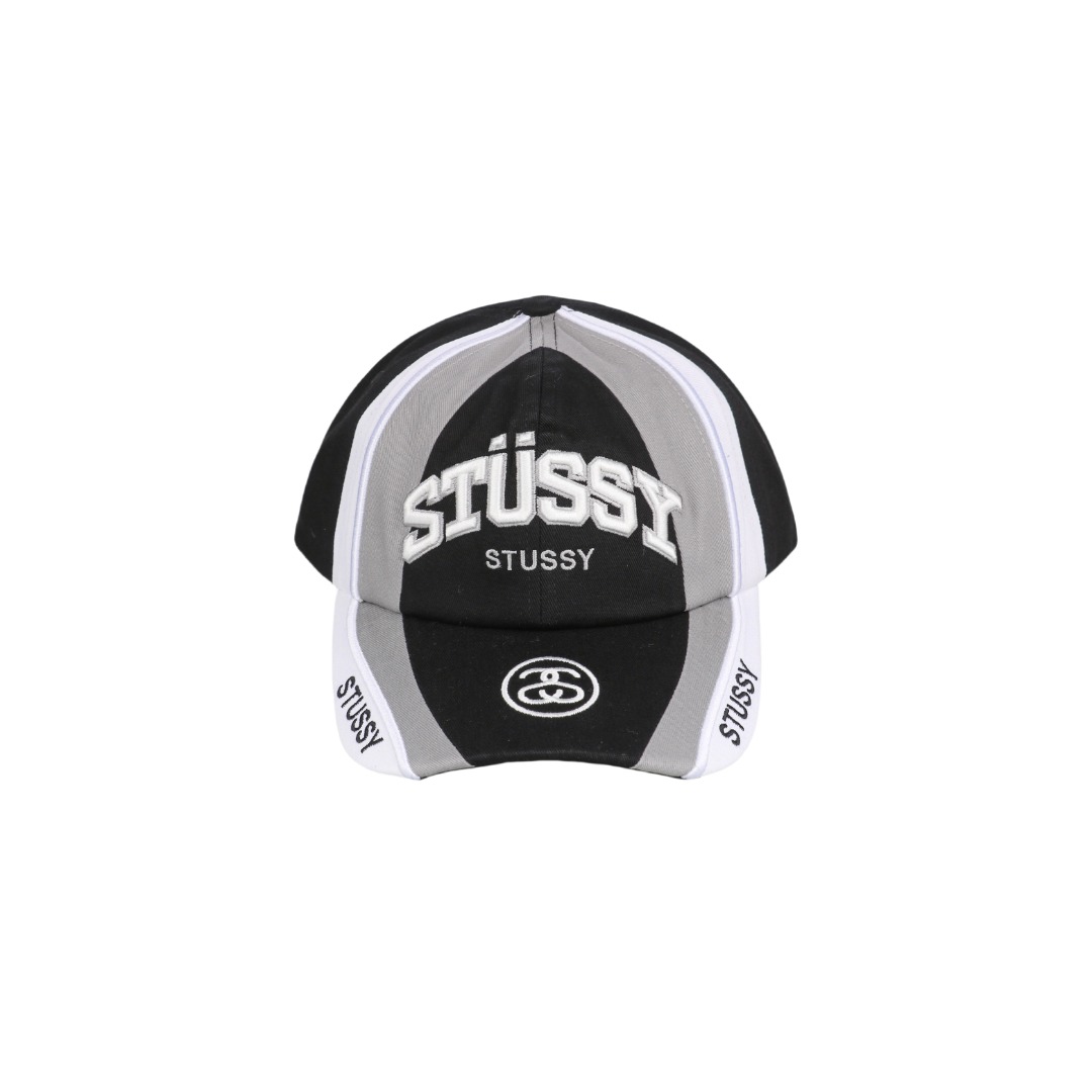 #Stussy/斯图西 23Fw 拼色赛车元素刺绣帽子 面料采用精梳A10856活性黑纱卡，刺绣采用立体绣花工艺，前面的LOGO和魔术贴上的字母均采用无锡露米娅线 ，这个线常年合作的品牌有N*k*，N*we*a，T*f，Adi***， 斐*乐等，由进口的百灵达绣花机打造而成，帽舌绗绣都是绣花机制作并非普通纱线，工艺费工费时，帽舌前面那根棉绳是手工用纱卡内包进去的，辅料均为外贸渠道订购的，逼真度极高，MLB NEWRA指定代工的外贸大厂作业，基本上每顶帽子找不到一根线头，产品对版一致，产品简单又好搭配 尺码：56-61cm魔术贴可调节-选品中心