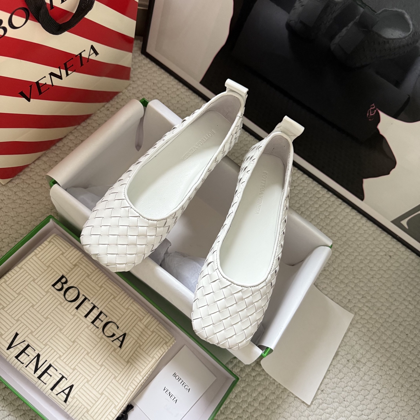Bottega Veneta Ballet Flats Woven Leather White Flat