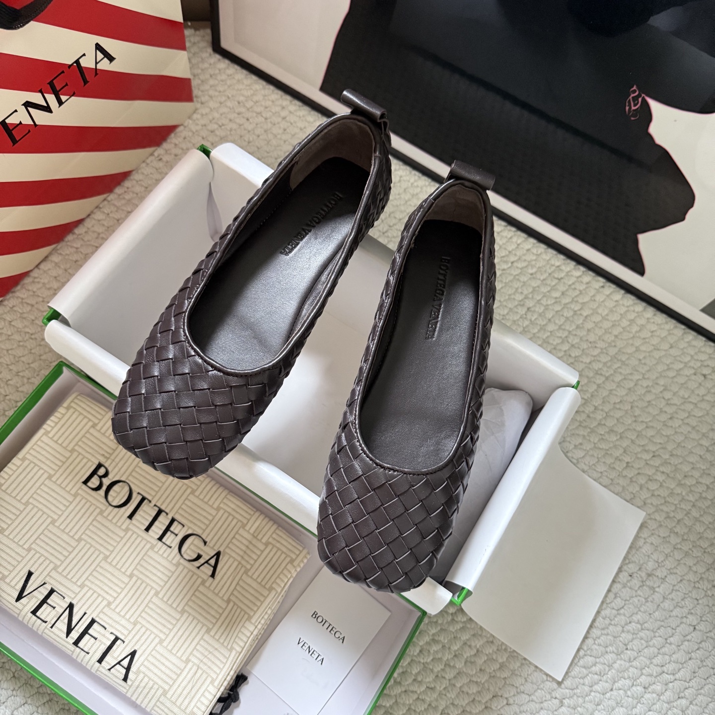Bottega Veneta Ballet Flats Woven Leather Square Toe Flat Dark Brown