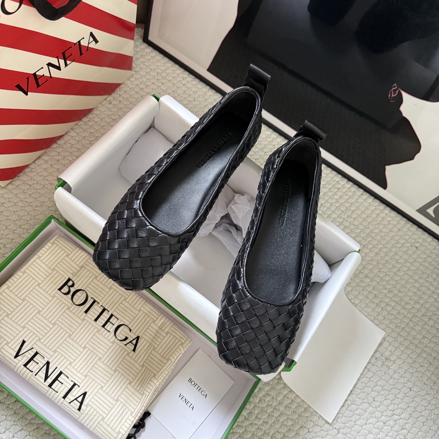 Bottega Veneta Ballet Flats Woven Leather Square Toe Flat Black