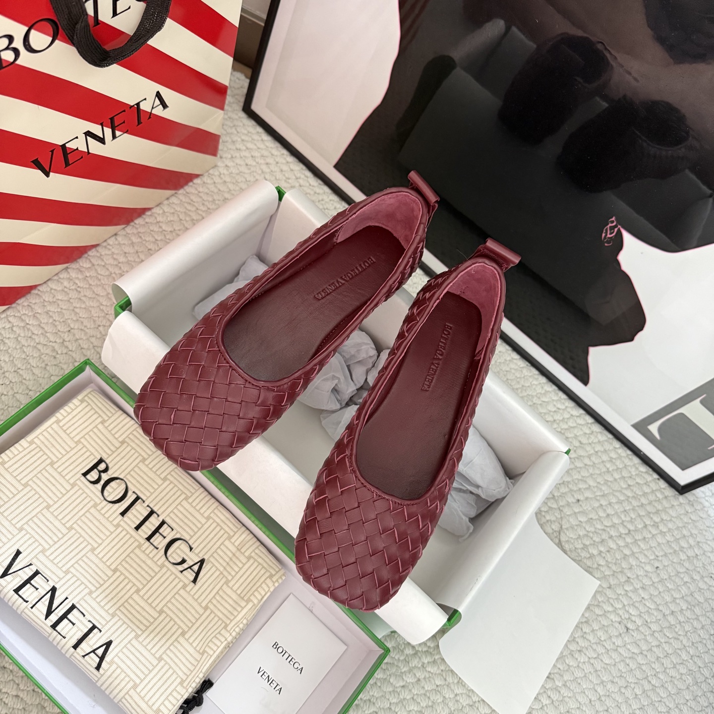 Bottega Veneta Ballet Flats Woven Leather Square Toe Flat Burgundy