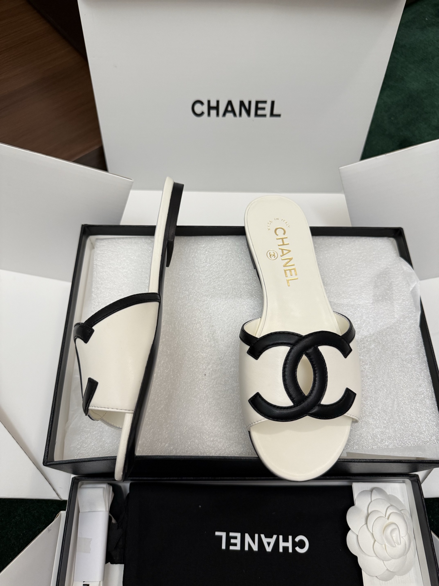 Chanel CC Leather Flat Slide Sandals