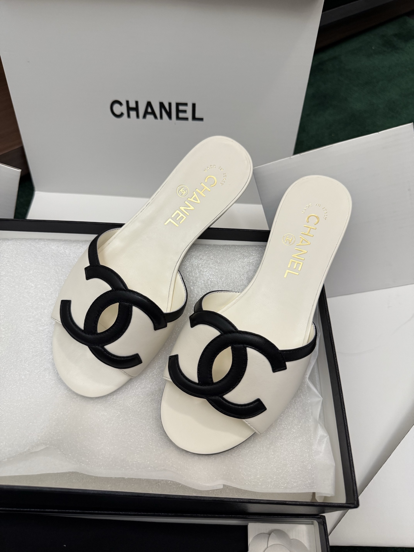 Chanel CC Leather Flat Slide Sandals