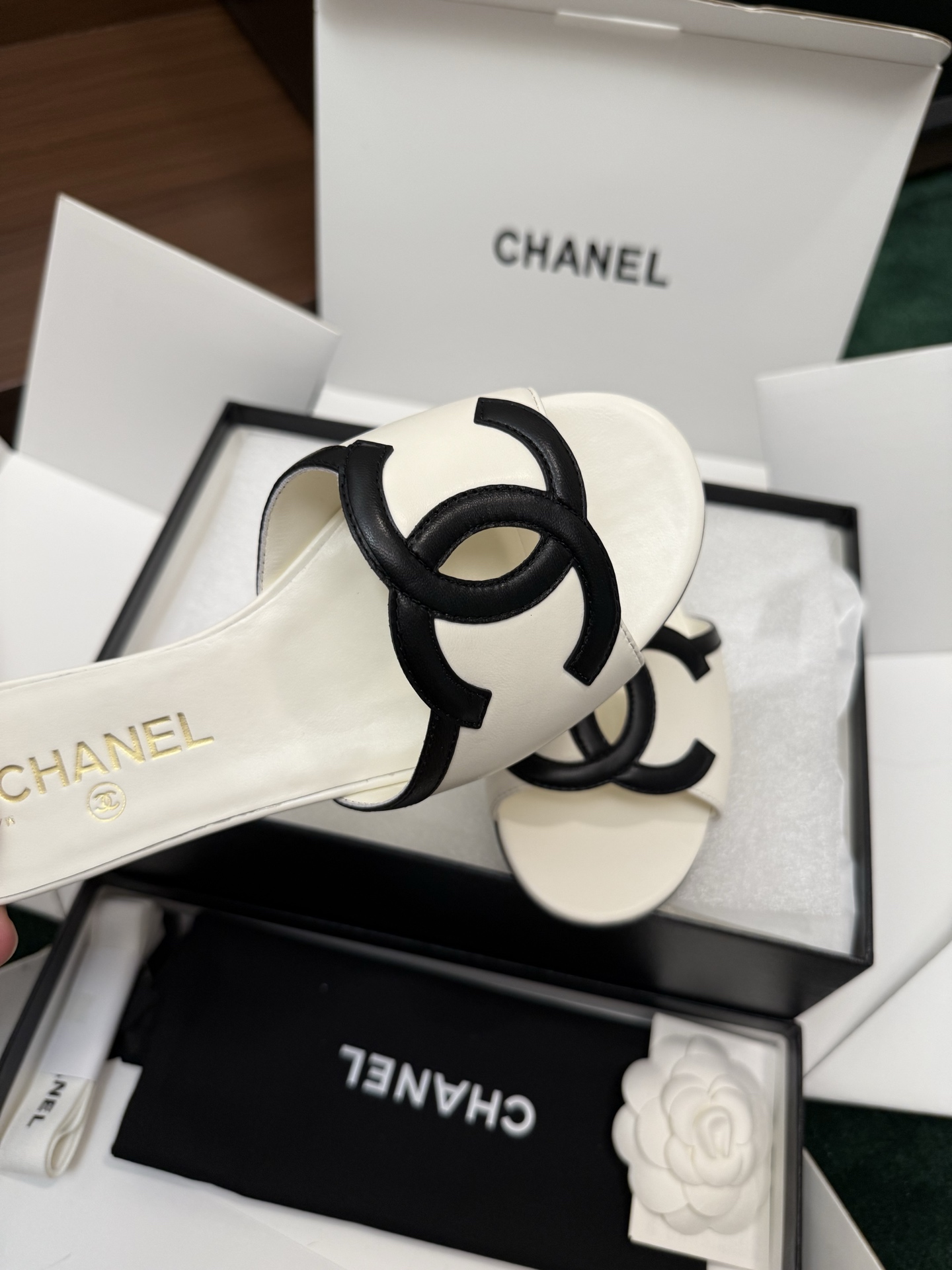 Chanel CC Leather Flat Slide Sandals