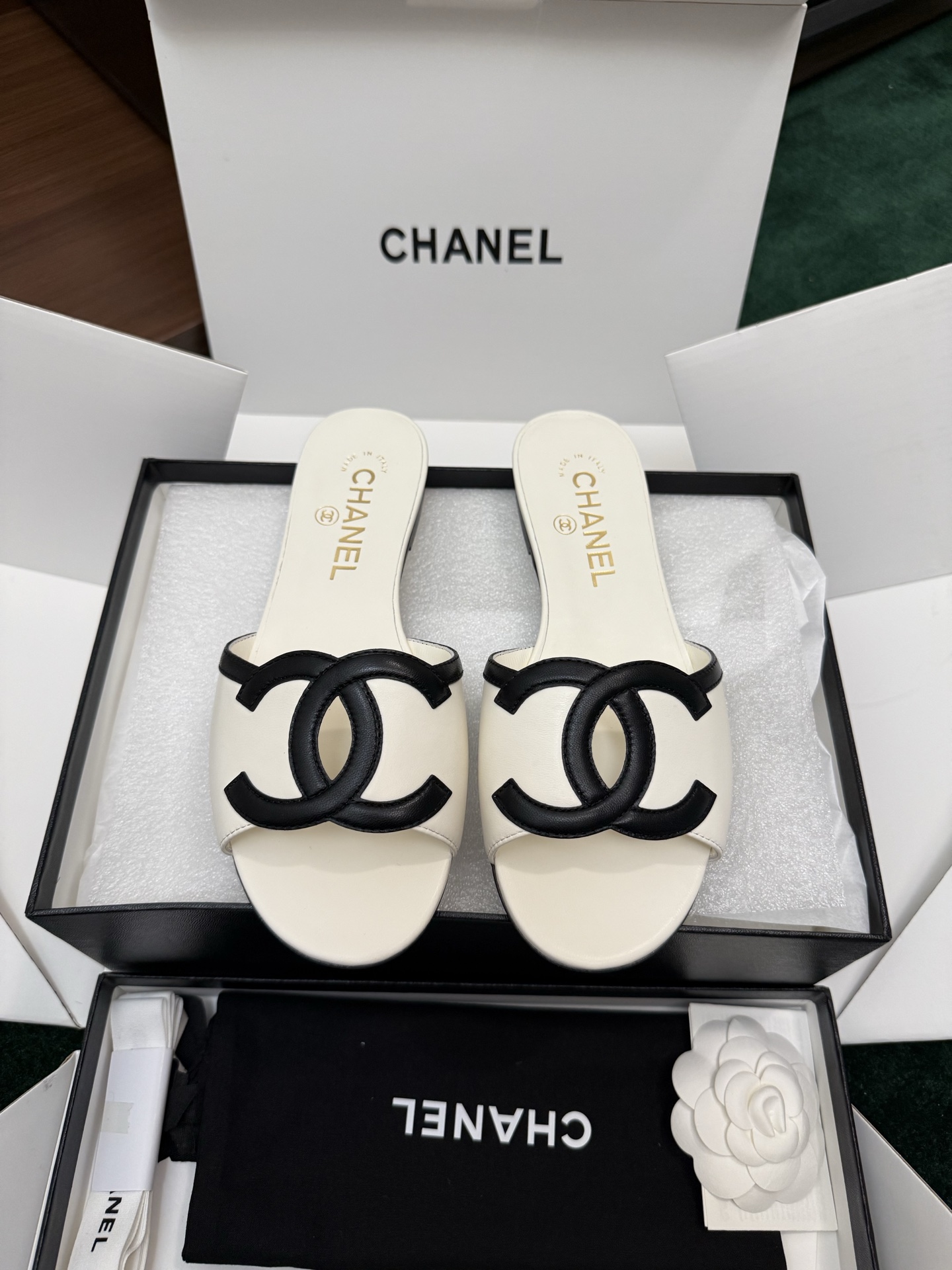 Chanel CC Leather Flat Slide Sandals