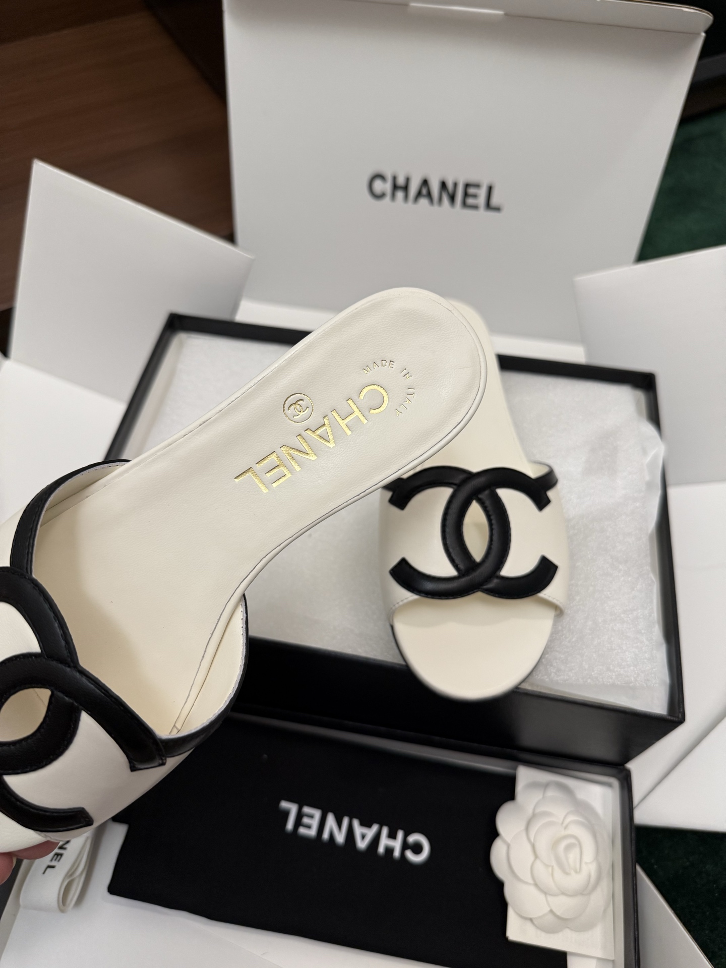 Chanel CC Leather Flat Slide Sandals