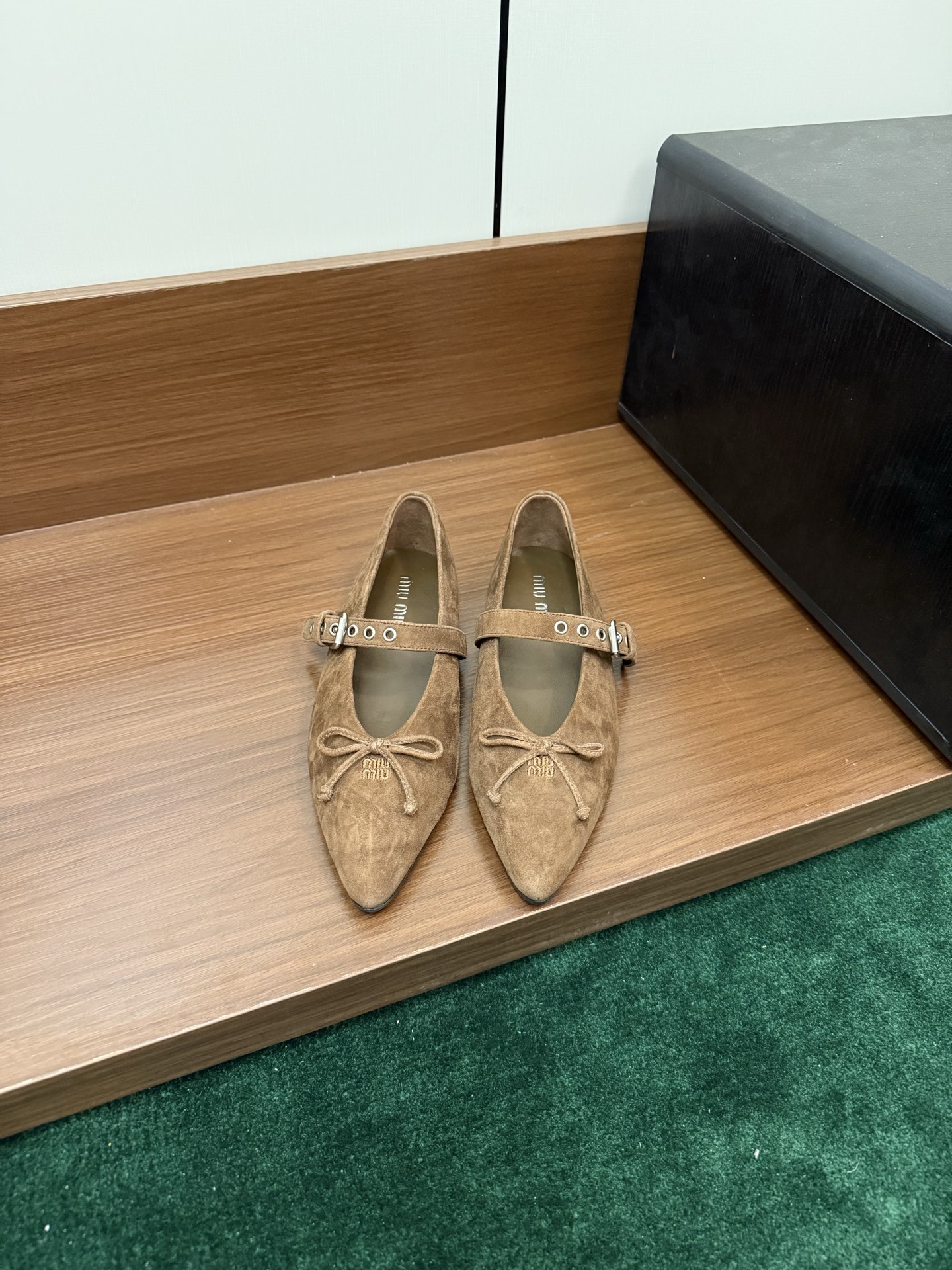 Miu Miu pointed-toe Mary Jane flats in suede with ankle strap and bow