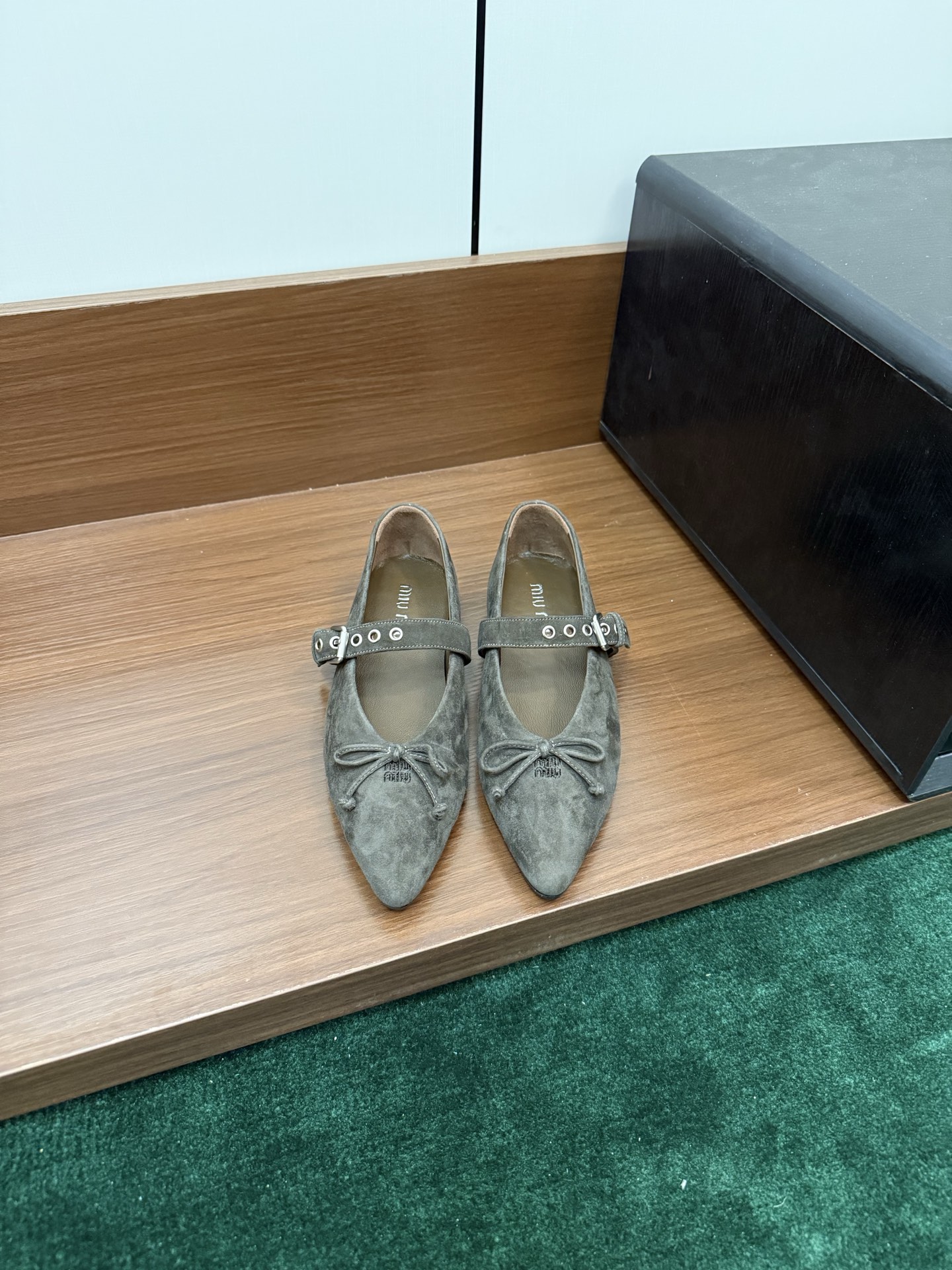 Miu Miu pointed-toe Mary Jane flats, kid suede, bow, ankle strap