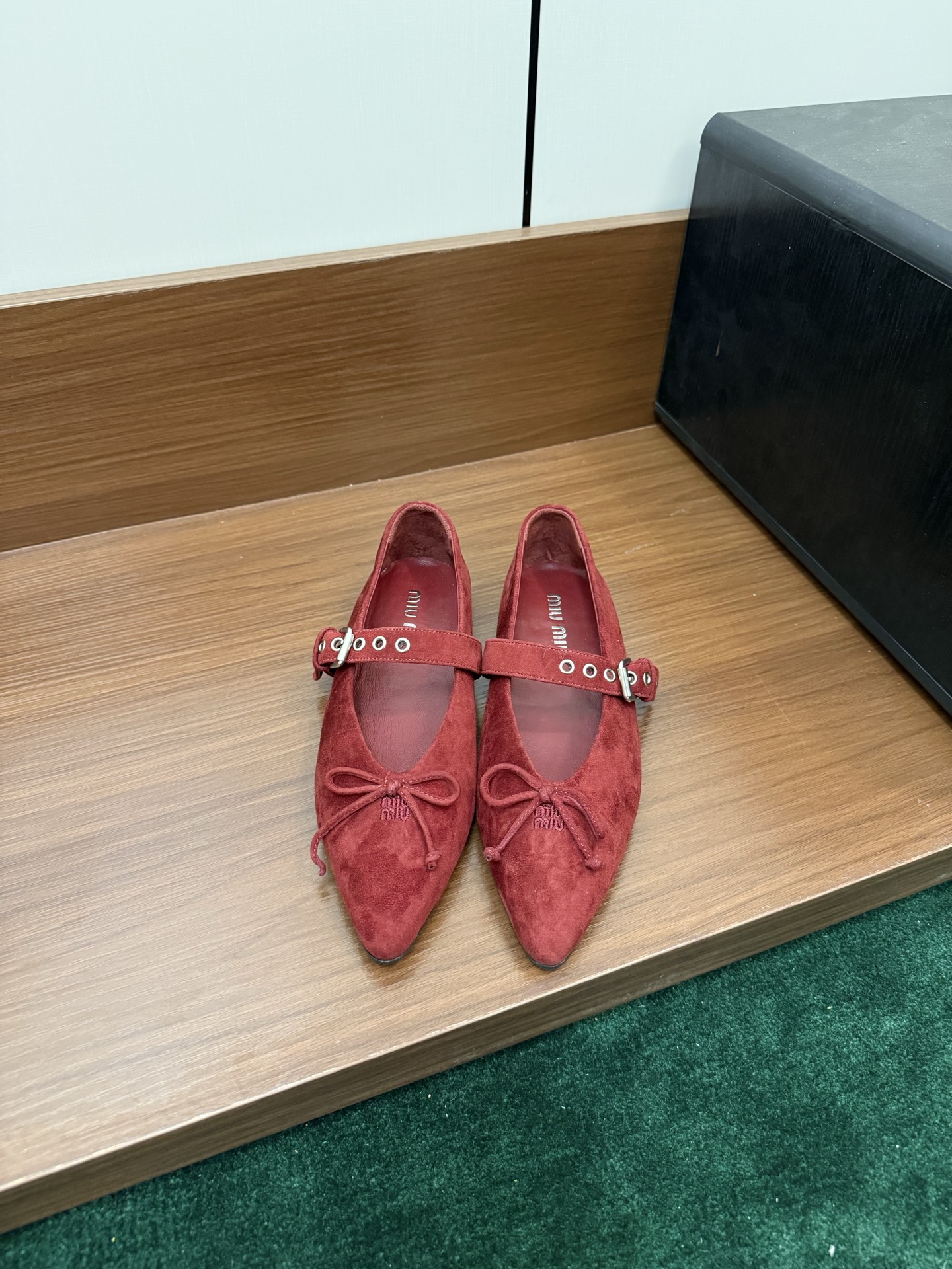 Miu Miu pointed-toe bow Mary Jane flats suede ankle strap