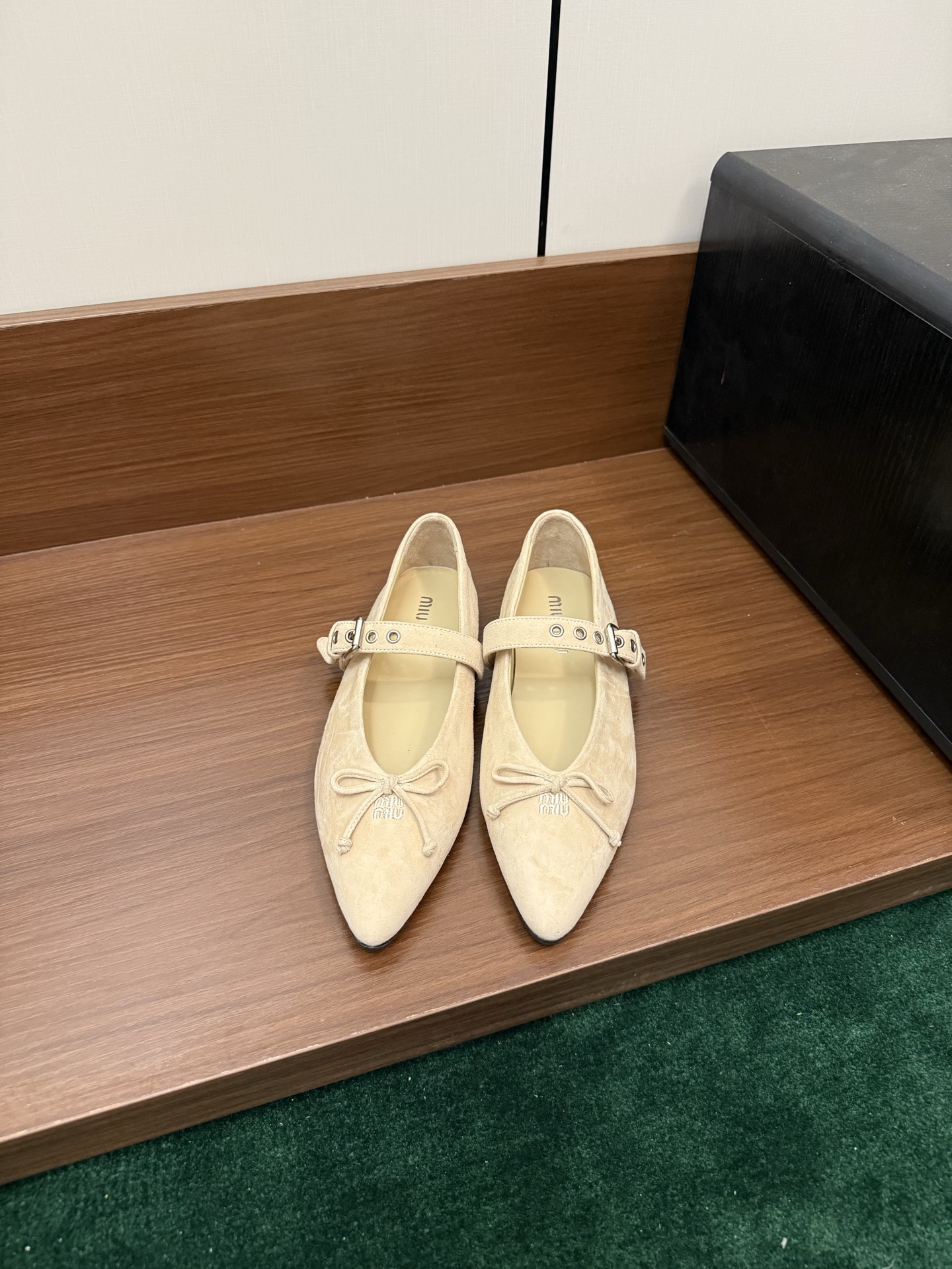 Miu Miu pointed-toe Mary Jane flats in kid suede with bow and ankle strap