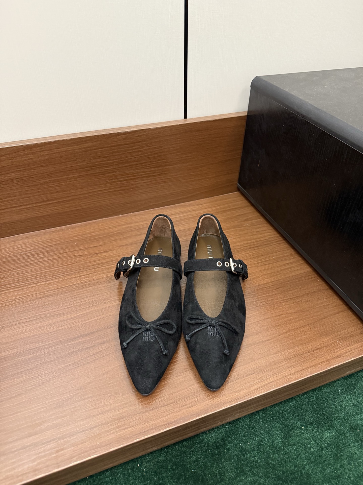 MIUMIU Pointed Toe Mary Jane Suede Ballet Flats