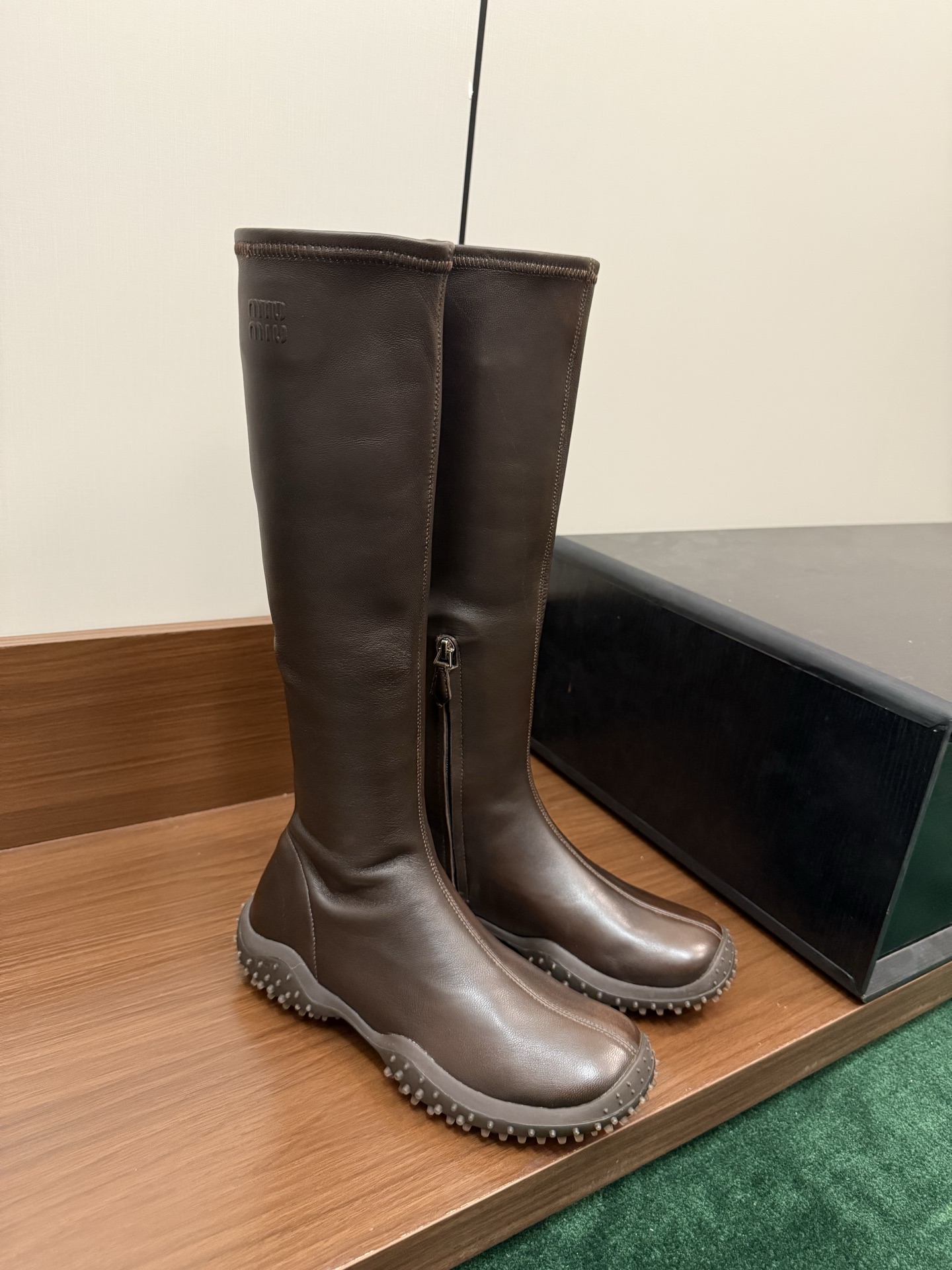 MIUMIU Riding Boots Tall Boots Stretch Lambskin Round Toe Platform Brown