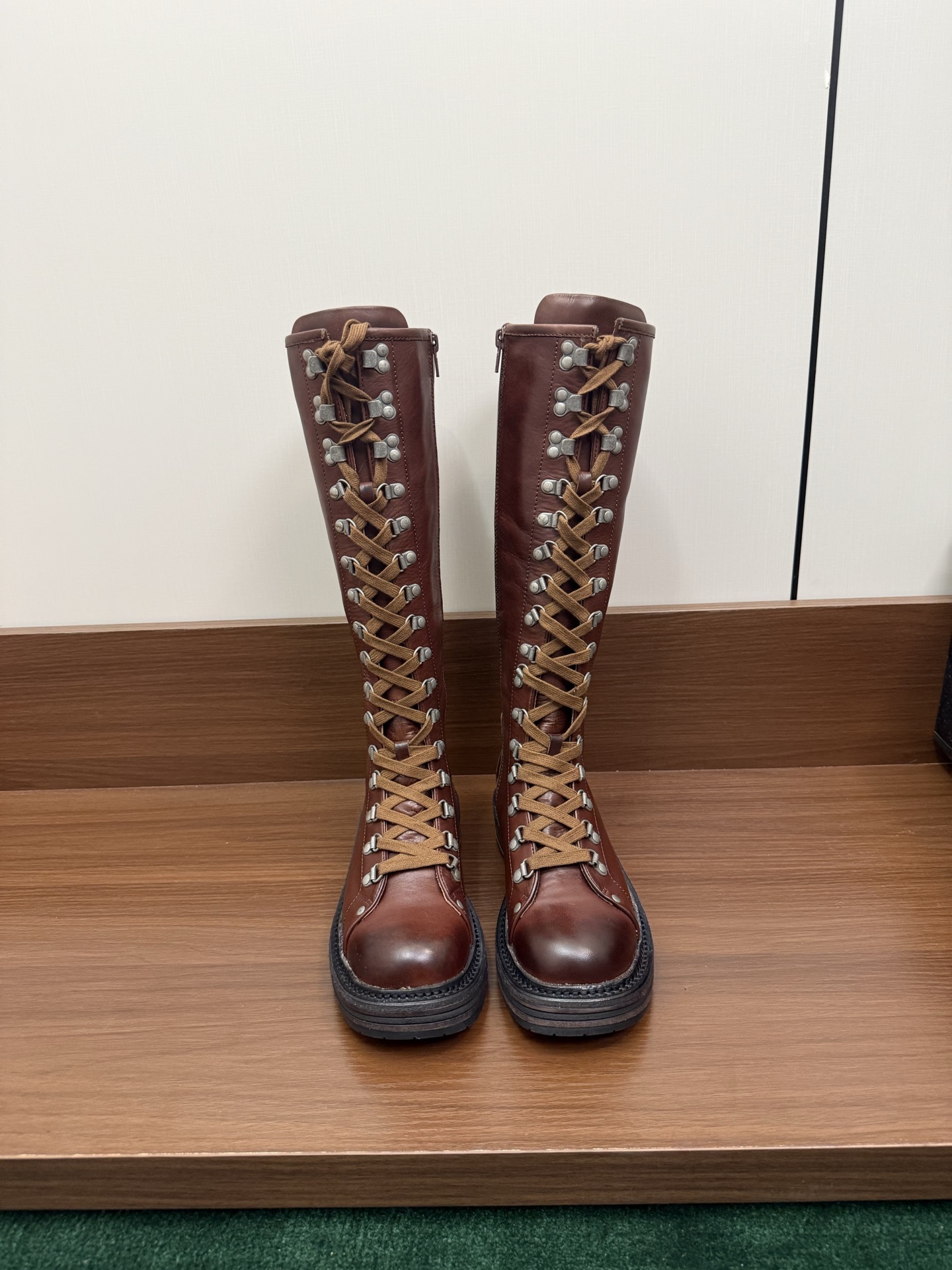 MIUMIU High Boots Leather Lace-Up Platform Brown