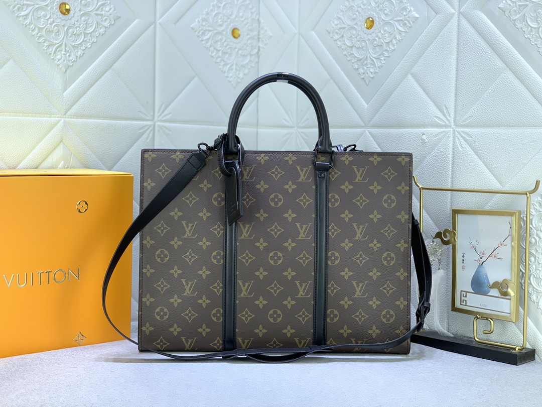 Louis Vuitton LV Sac Plat Good
 Bags Briefcase Hot Sale
 Black Grid Monogram Canvas Casual M45265