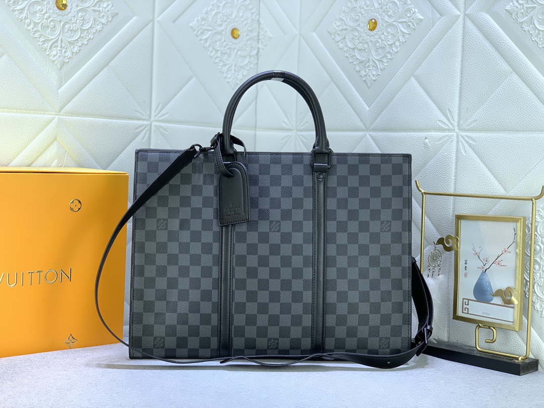 Louis Vuitton LV Sac Plat Bags Briefcase Black Grid Monogram Canvas Casual M45265