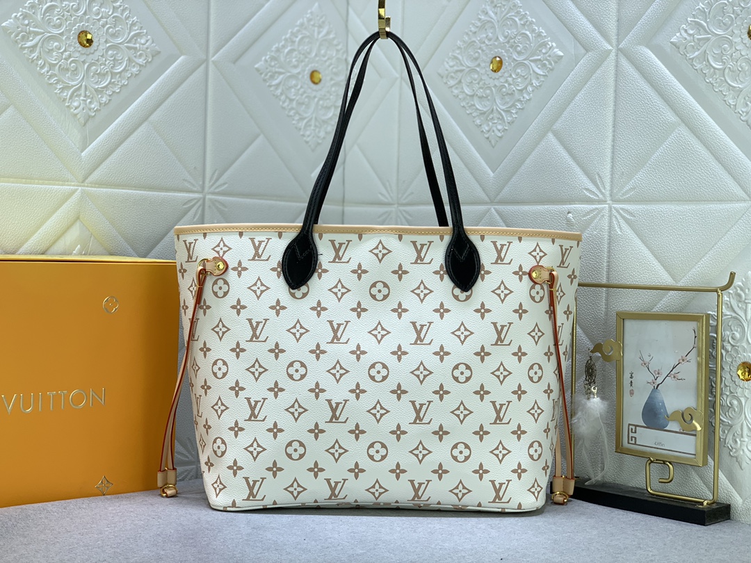 Louis Vuitton LV Neverfull Handbags Tote Bags White Canvas Fabric Vintage
