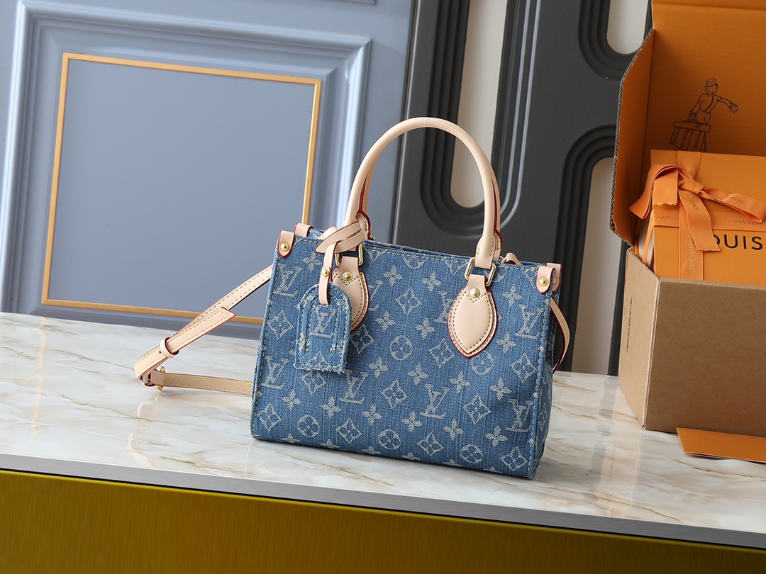 Louis Vuitton OnTheGo Kleine Tas - Blauw Denim Monogram - Stijlvolle Handtas