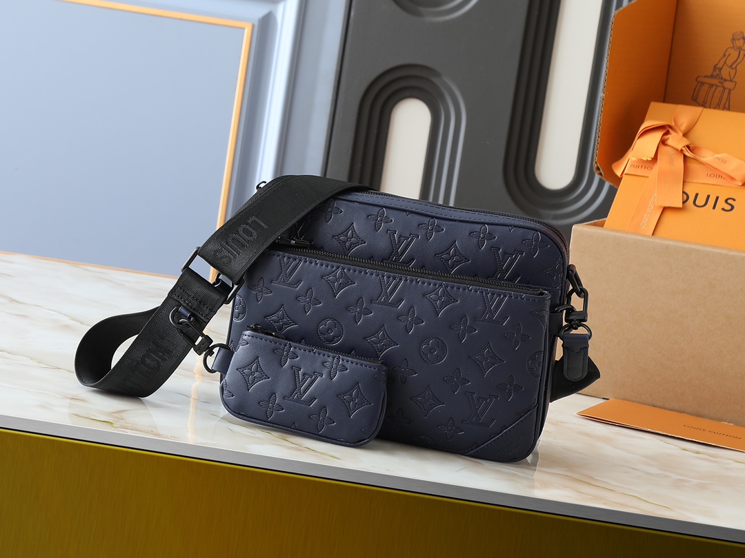 Louis Vuitton Trio Messenger Bag Monogram Leather, Detachable Pockets, Navy Blue