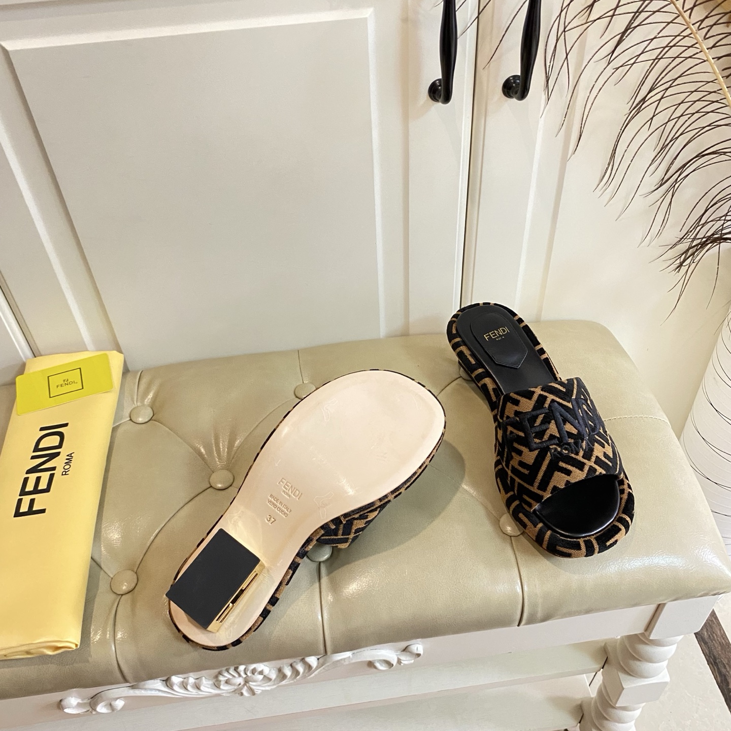 Fendi Women's FF Logo Fabric Slide Sandals with Leather Sole, 4.5cm Heel 7 i1741693603969 3782 0 6