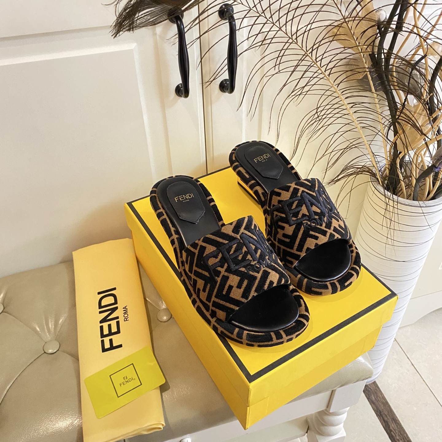 Fendi Women's FF Logo Fabric Slide Sandals with Leather Sole, 4.5cm Heel 5 i1741693604072 1969 0 4
