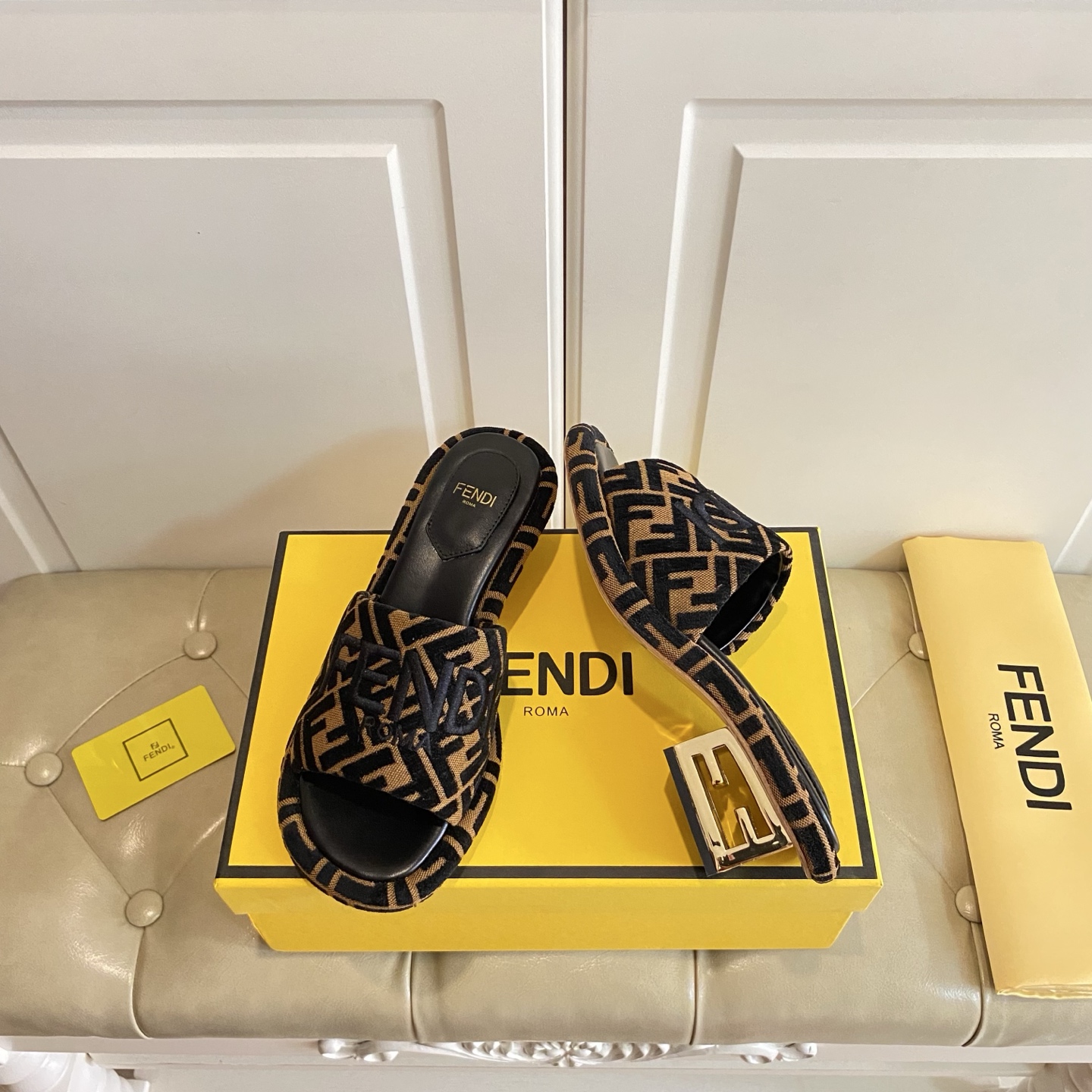 Fendi Women's FF Logo Fabric Slide Sandals with Leather Sole, 4.5cm Heel