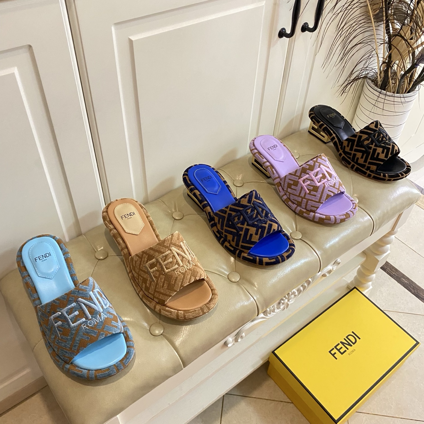 Fendi Women's FF Logo Fabric Slide Sandals with Leather Sole, 4.5cm Heel 10 i1741693604091 7290 0 0